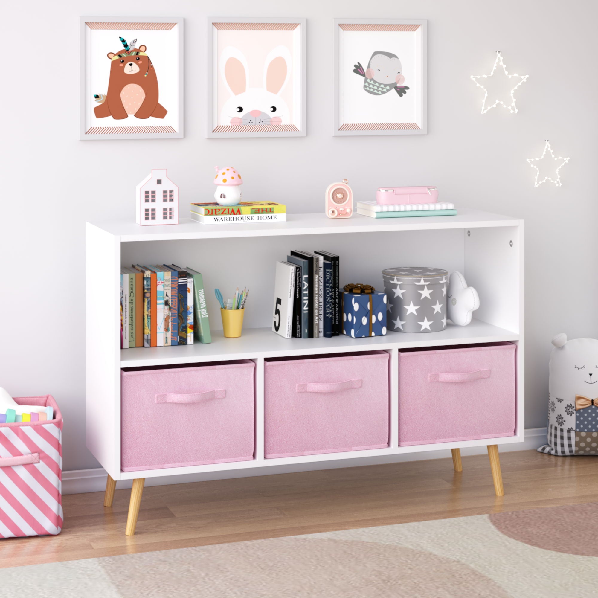 Bookcase With Collapsible Drawers, Book Display Organizer