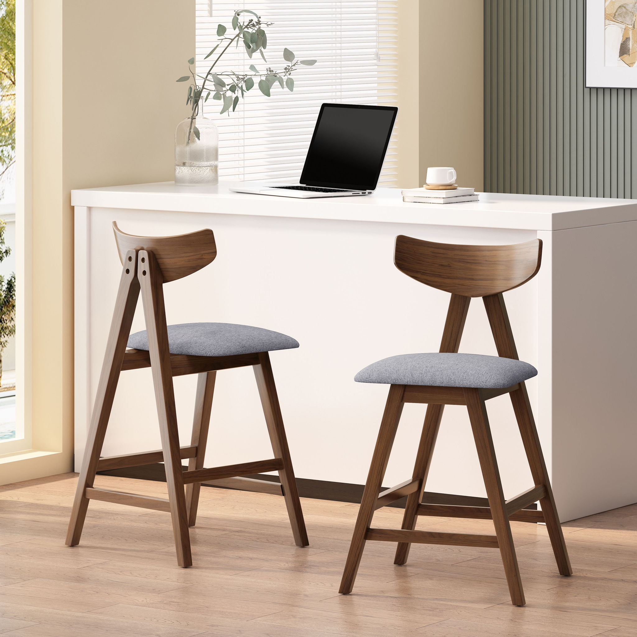 Mid Century Modern Counter Stool With V Shape Frame And Upholstered Seating
