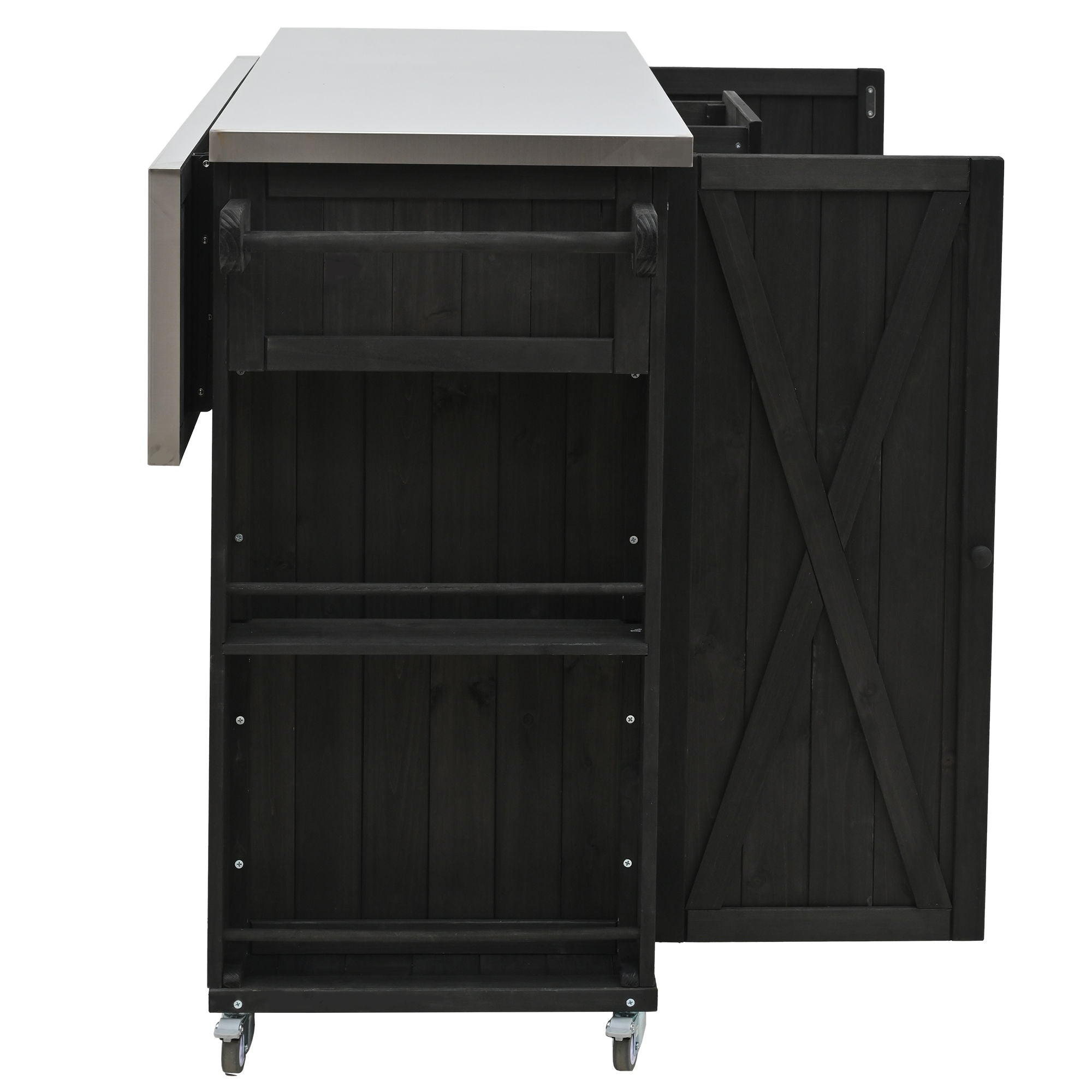 Outdoor Kitchen Island With Stainless Steel Top, Ample Storage Space, Towel And Spice Racks And A Bottle Opener
