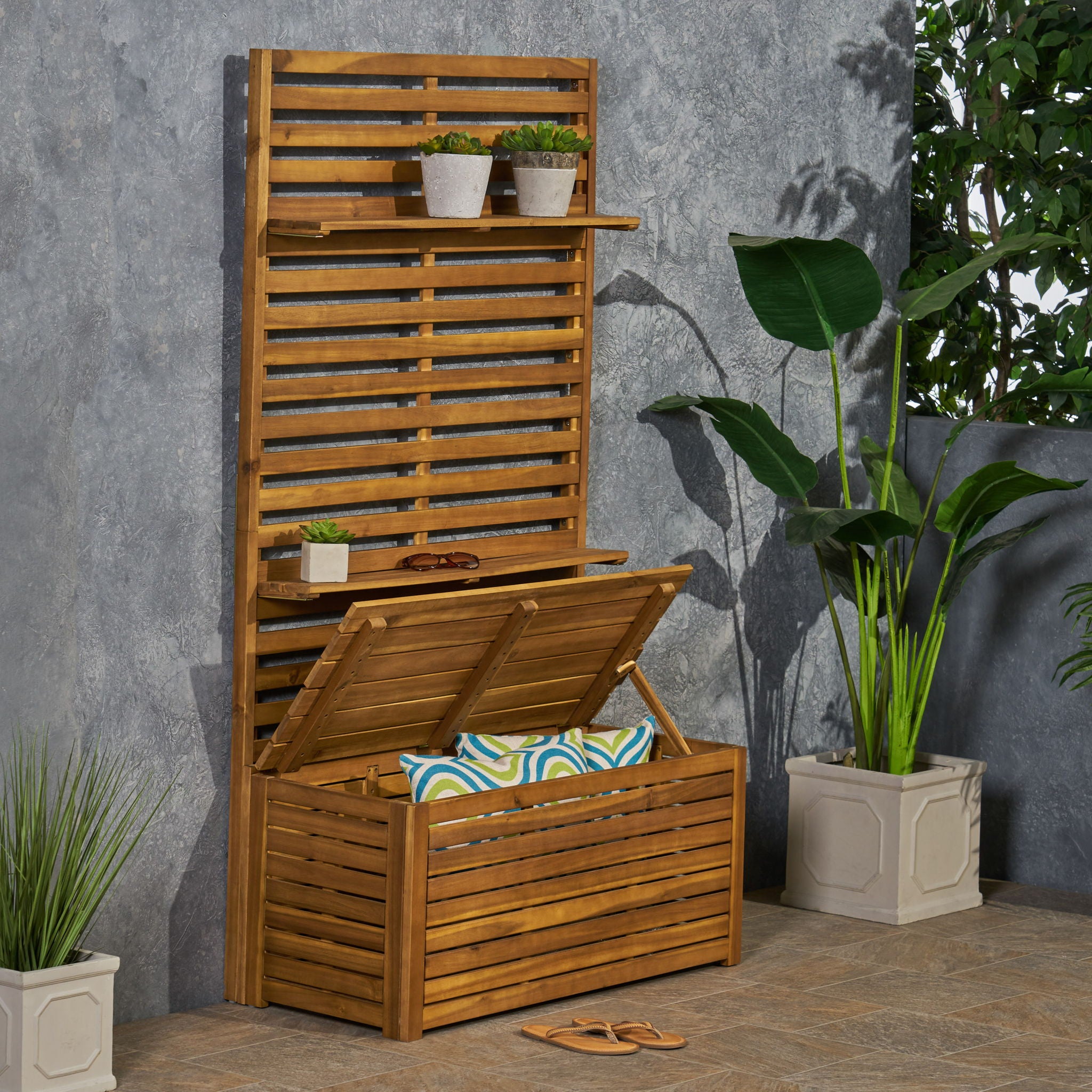 Storage Bench With Rack - Teak