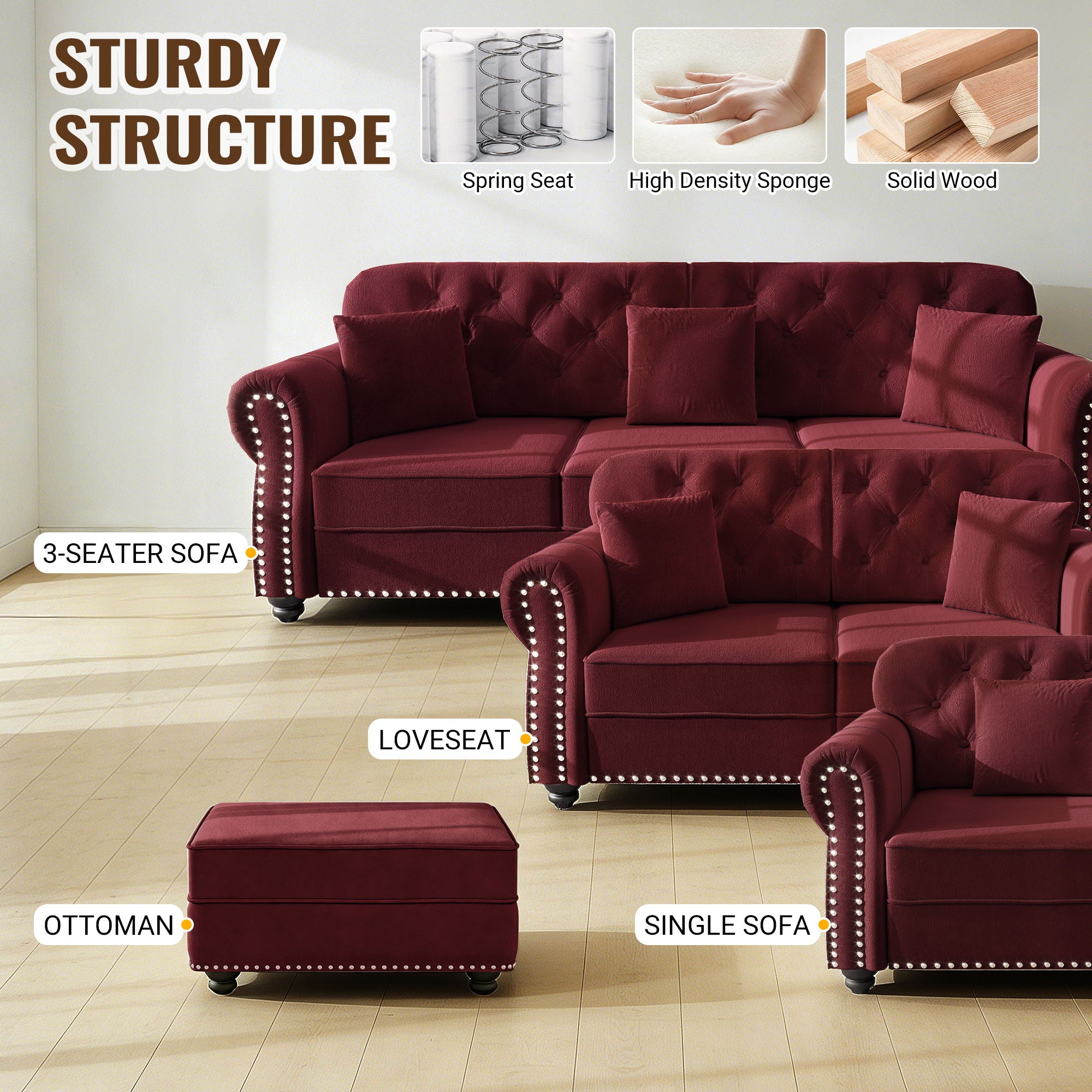 Upholstered Sofa With Nailhead Trim And Rolled Armrests
