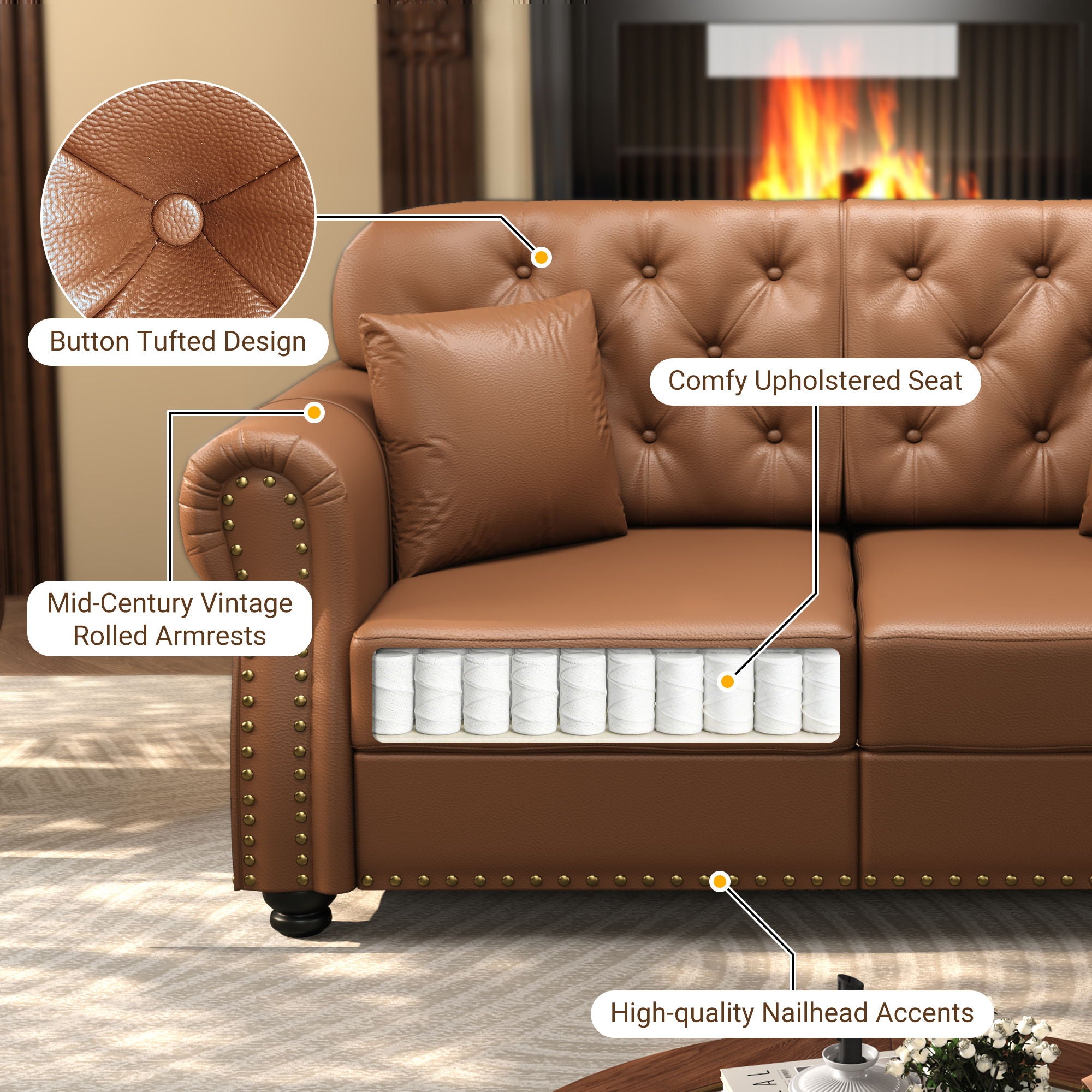 Upholstered Sofa With Nailhead Trim, Rolled Armrests With Ottoman