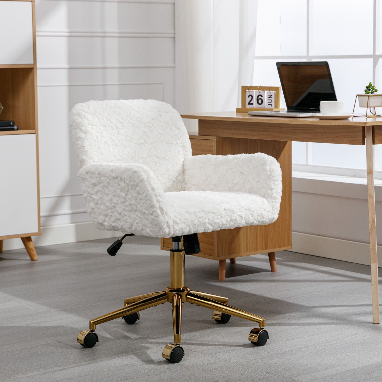 Office Chair, Artificial Rabbit Hair Home Office Chair With Metal Base, Adjustable Desk Chair Swivel Office Chair, Vanity Chair
