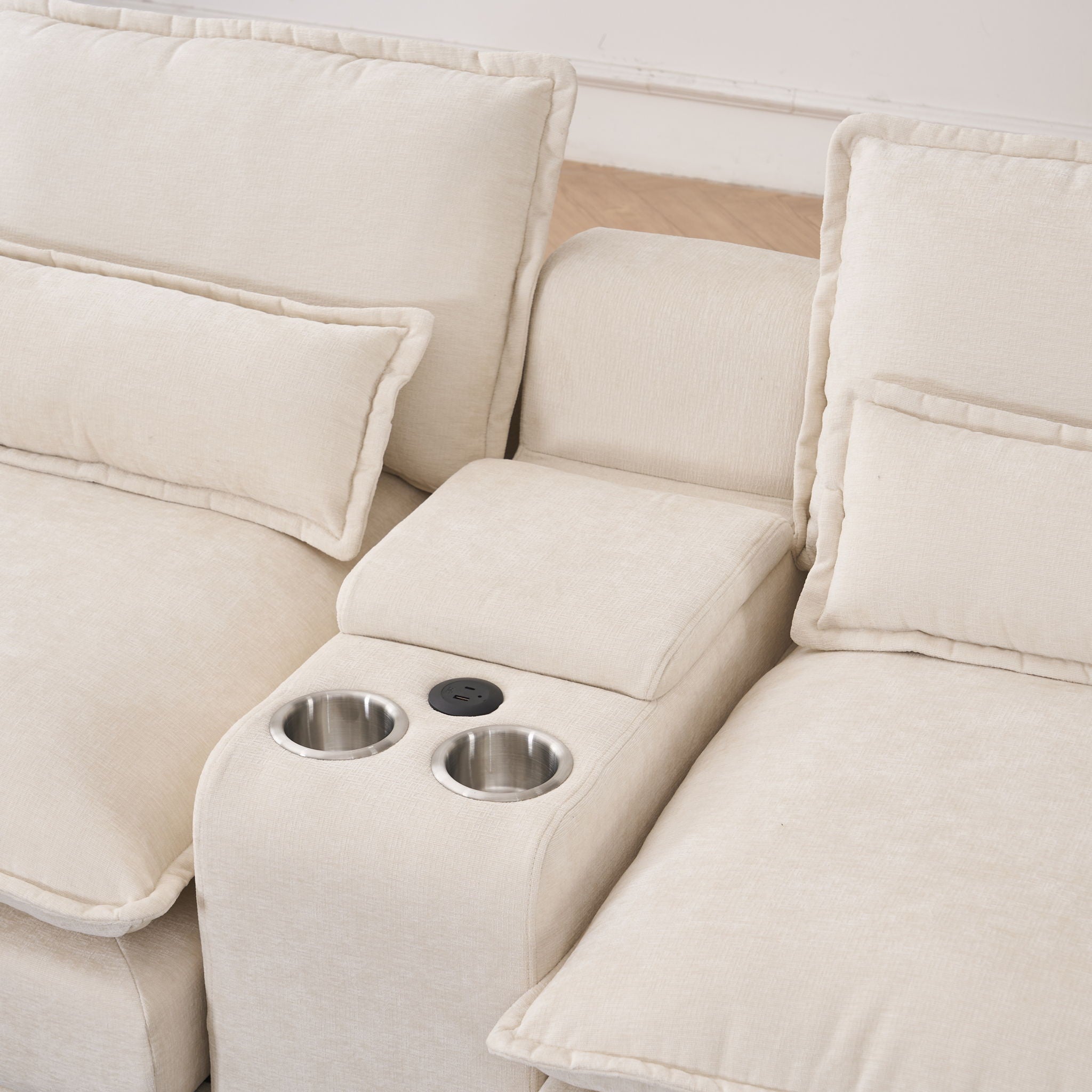 U Shaped Sofa With Console, Cupholders, USB Ports, 6 Seat, Bronzing Suede &