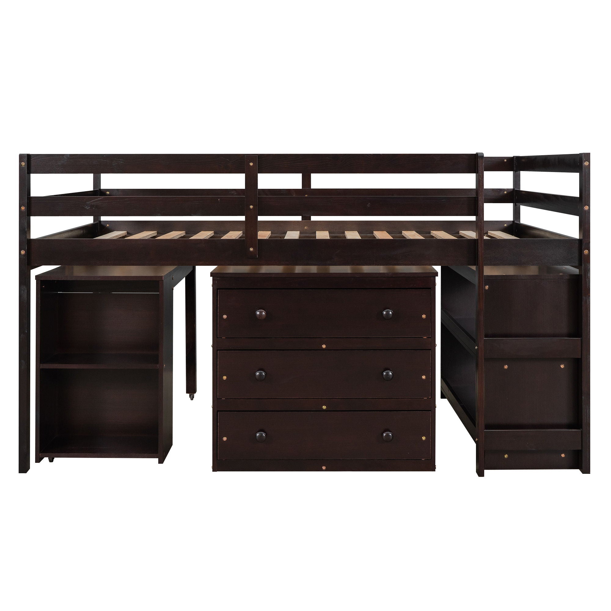 Loft Low Study Bed With Cabinet, Shelves And Rolling Portable Desk, Multiple Functions