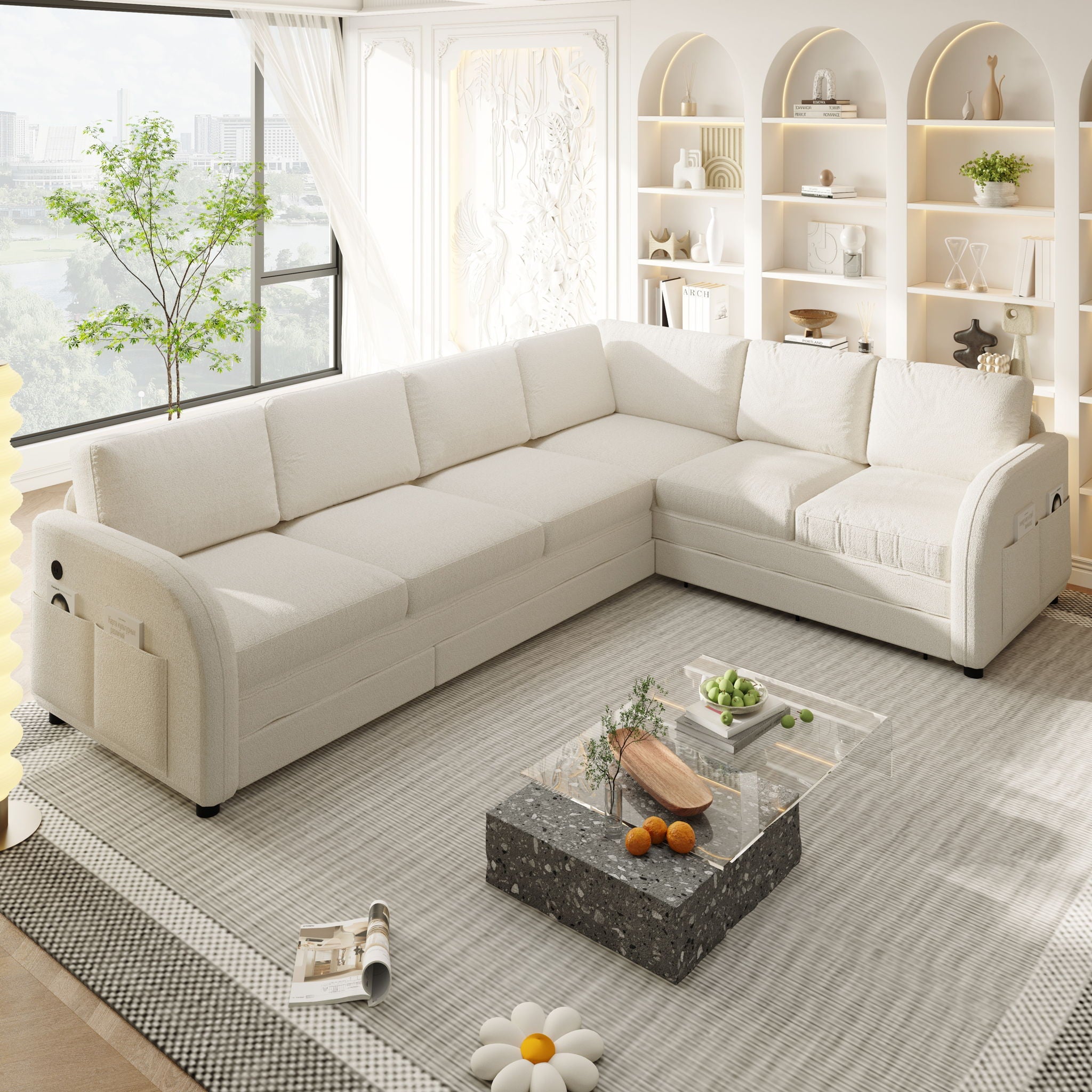 L-Shaped Couch With Pull-Out Bed, Convertible Sleeper Sofa With Side Pocket & USB Port