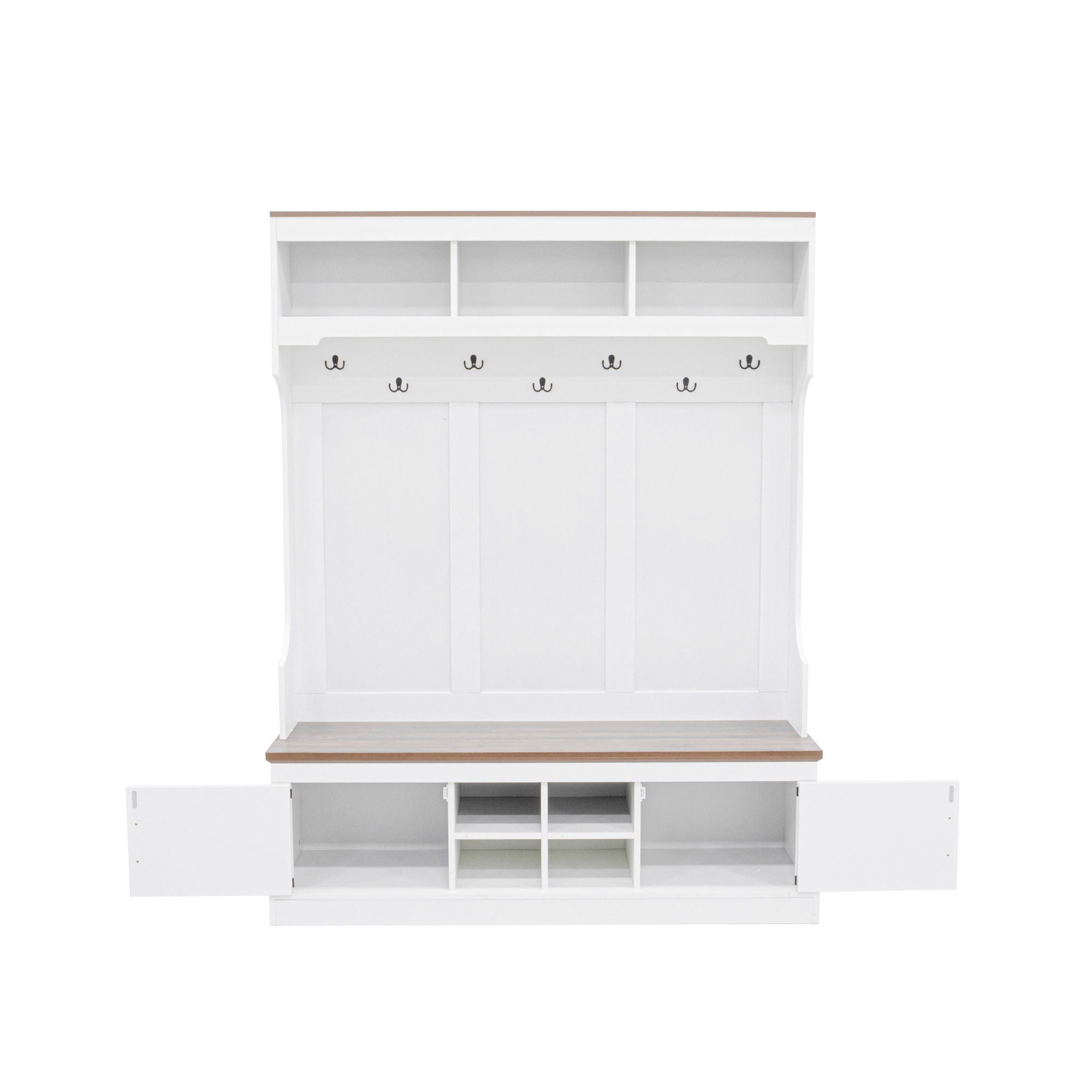 Hall Tree With Bench And Shoe Storage, 5 In 1 Entryway Organizer Cabinet With Coat Rack, 4 Shoe Cubbies & 7 Hooks - White