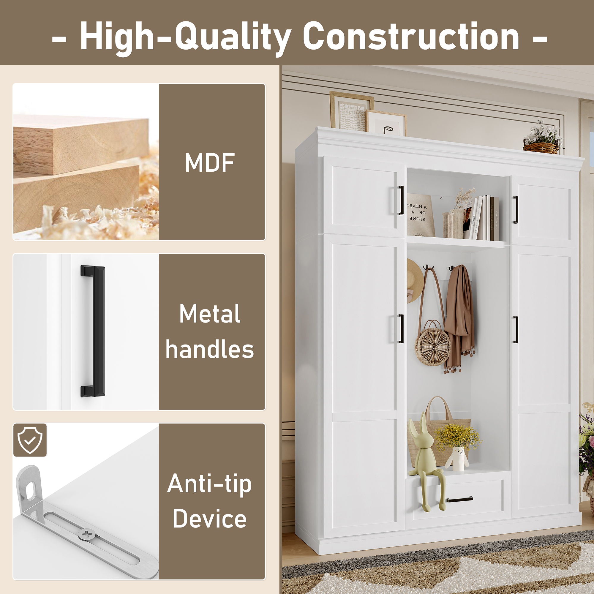 Hall Tree With Bench And 3 Hooks, Modern Entryway Storage Organizer Cabinet With 4 Doors, 1 Drawer And Adjustable Shelves