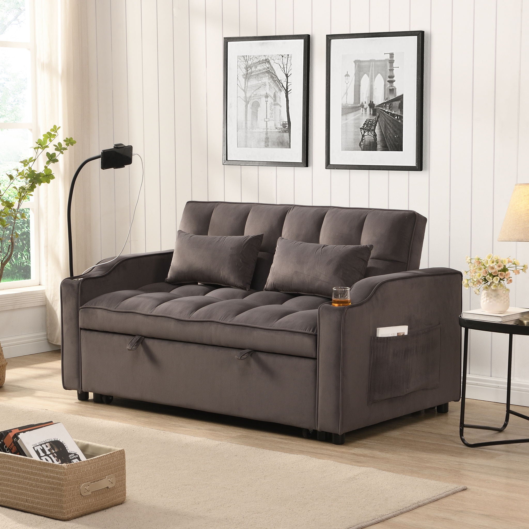 Modern Loveseat With Pullout Bed, Adjustable Reclining Backrest