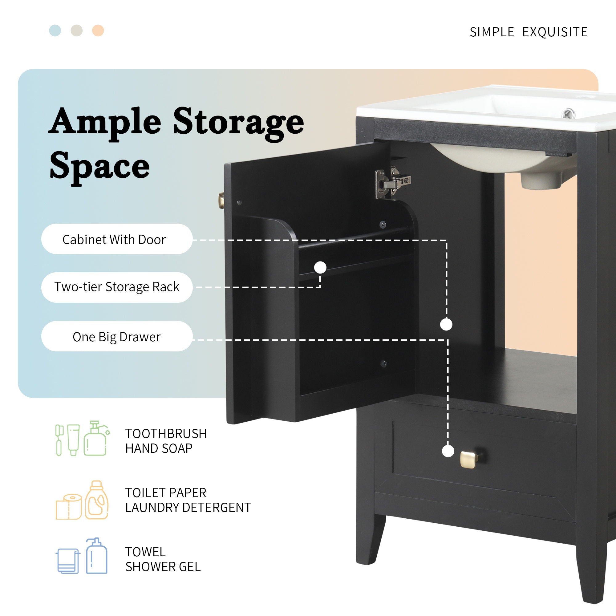 20" Bathroom Vanity With Sink Cabinet With Soft Closing Door, Drawer & Storage Rack - Black