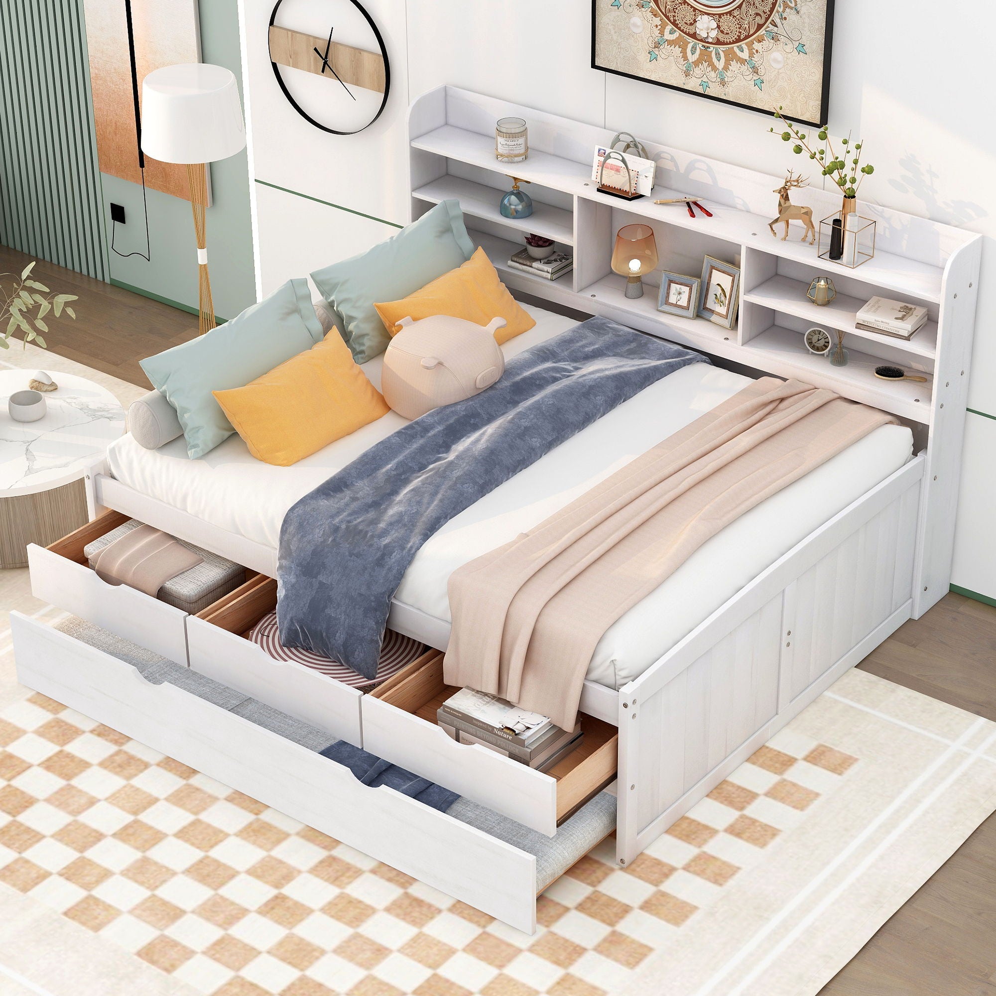 Captain Bed With Built In Bookshelves, 3 Storage Drawers, And Trundle