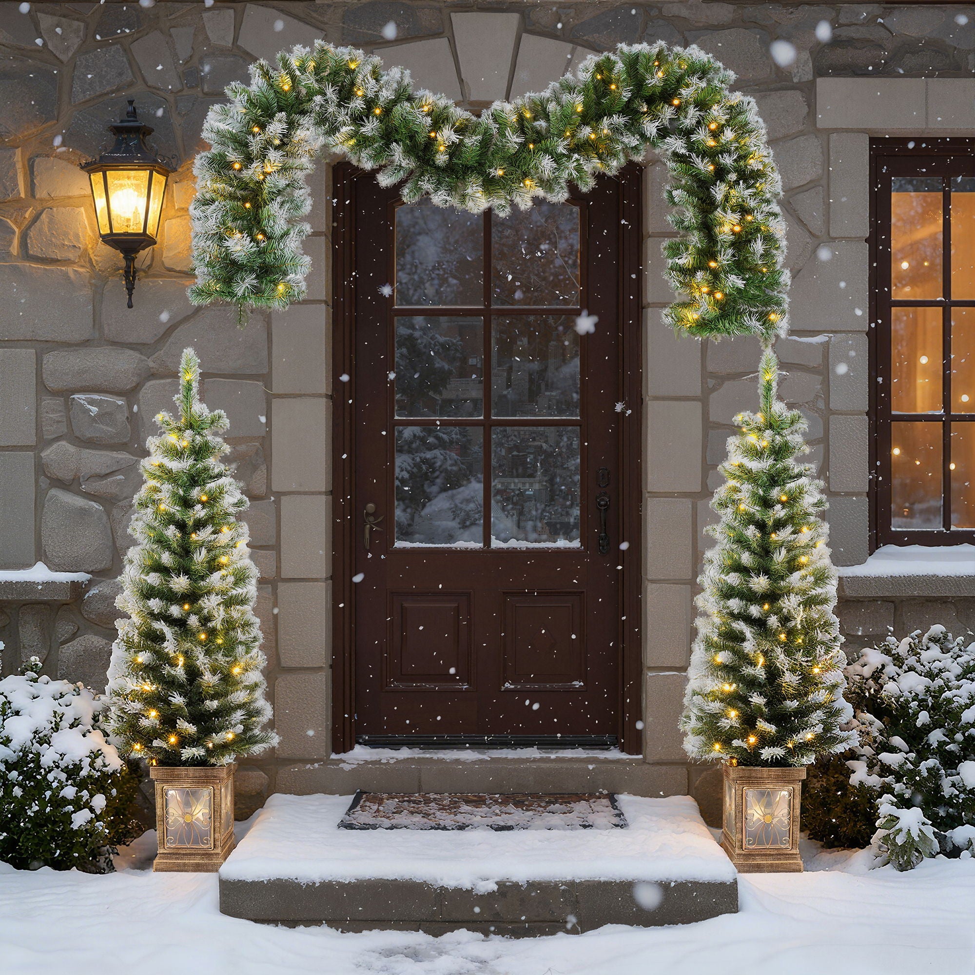 Artificial Christmas 3 Piece Set Wreath And 2 Entrance Trees With LED Lights - White / Green