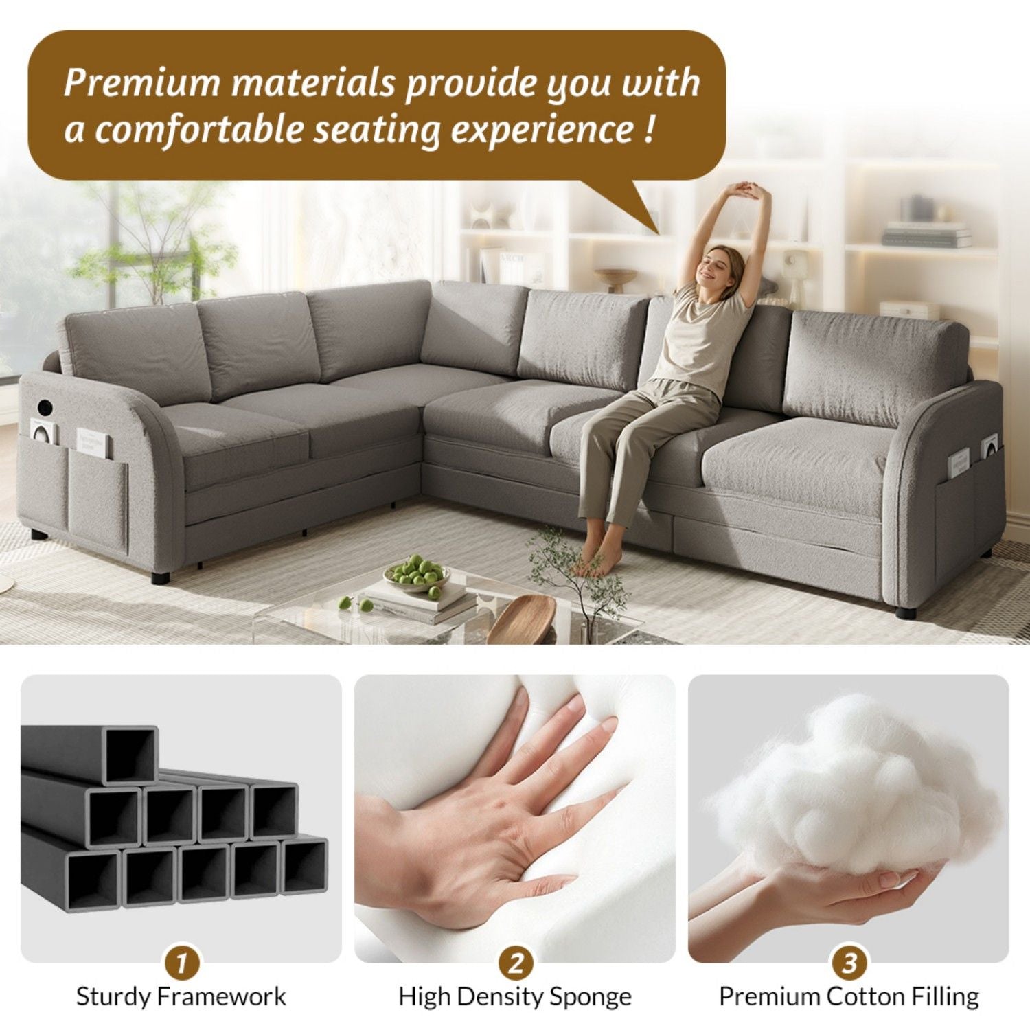 L-Shaped Couch With Pull-Out Bed, Convertible Sleeper Sofa With Side Pocket & USB Port