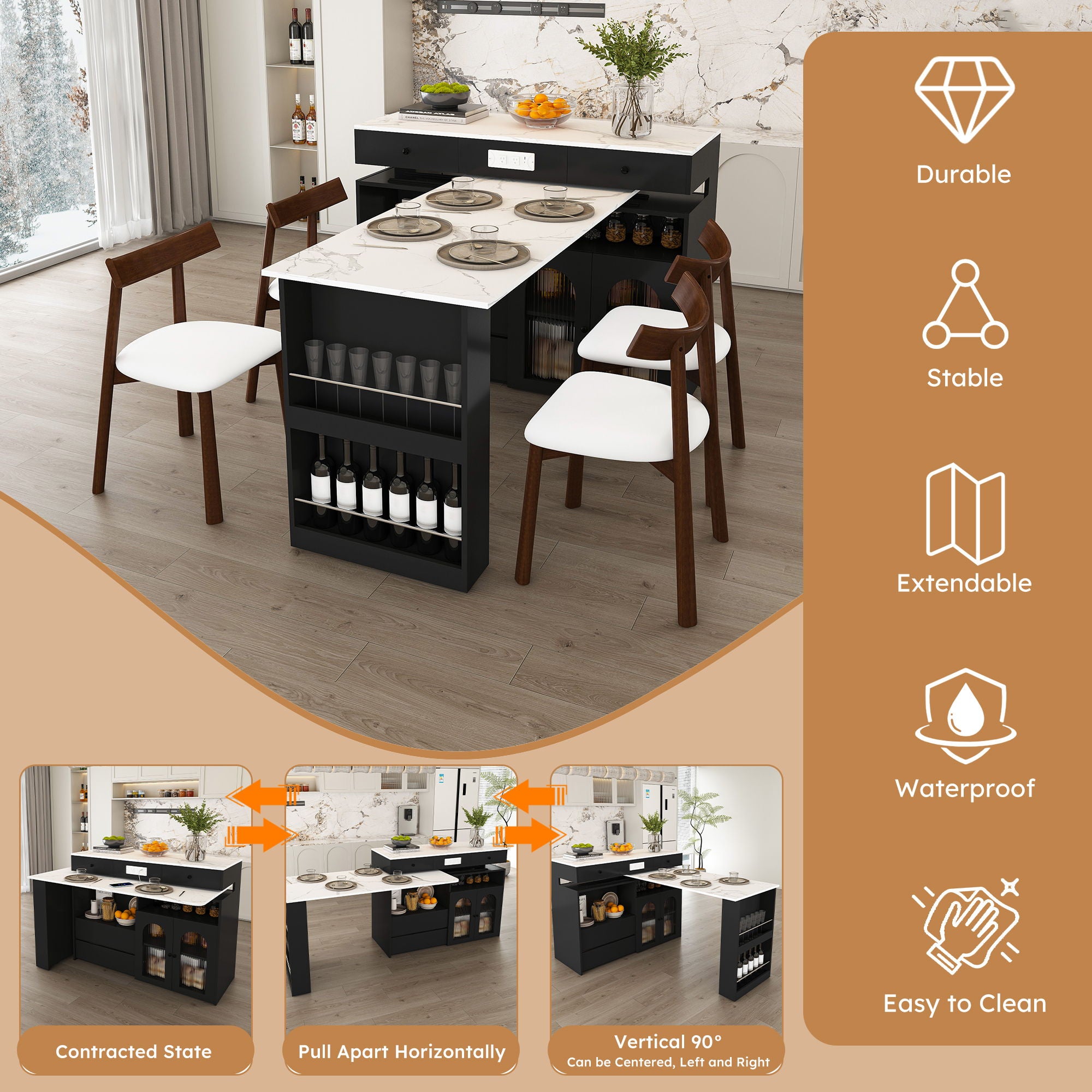 Retro Kitchen Island Set With Chairs, Extendable & Rotating Table, 4 Drawers & Door Cabinets