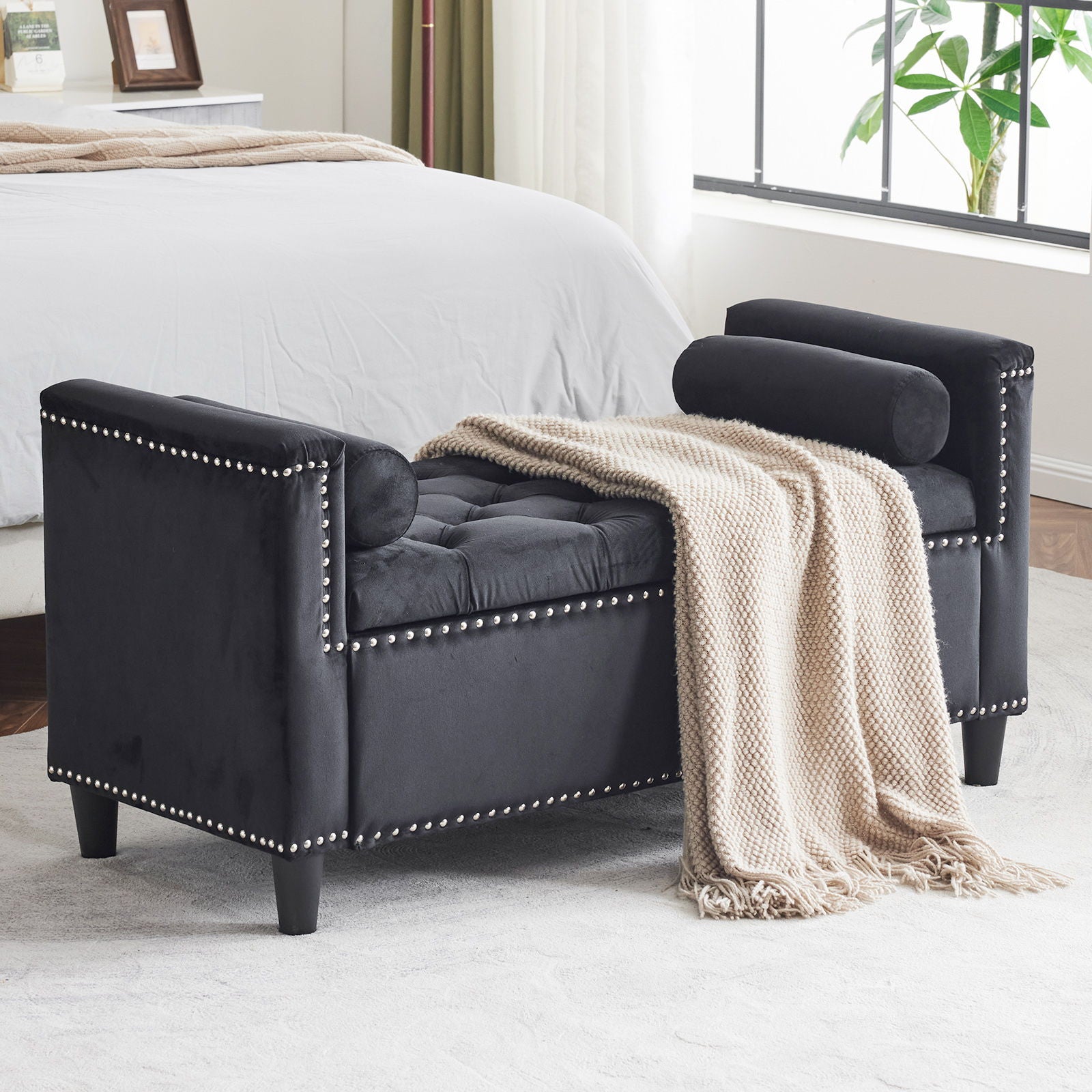 Queen Button Bedside Storage Bench With Armrests, Nailhead Trim