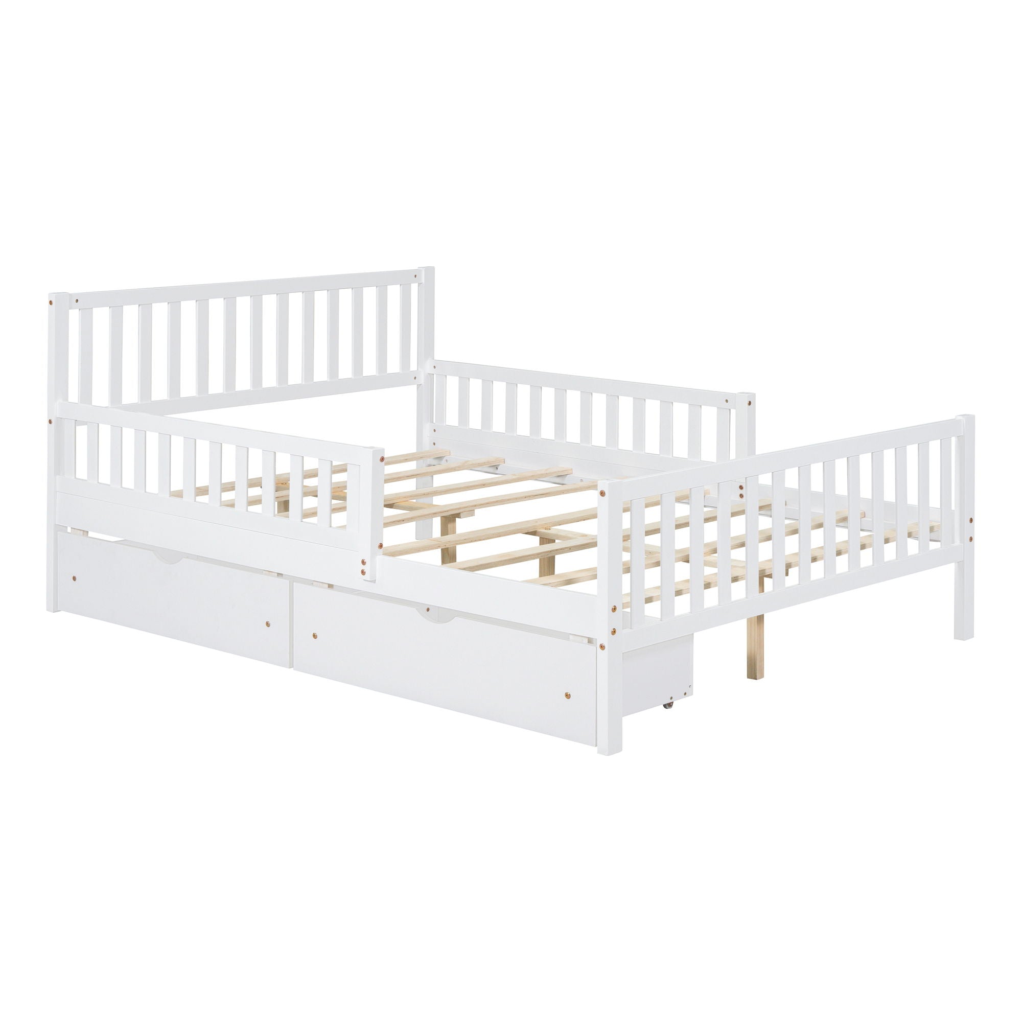 Platform Bed With Guardrails On Both Sides And 2 Storage Drawers