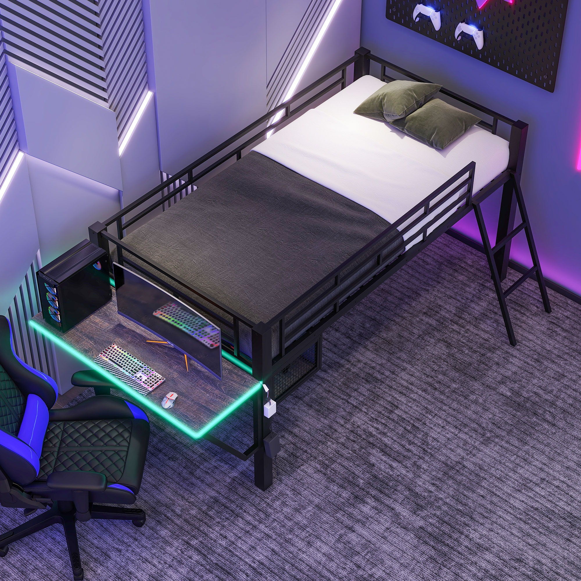 Gaming - Twin Loft Bed With Desk And LED - Black