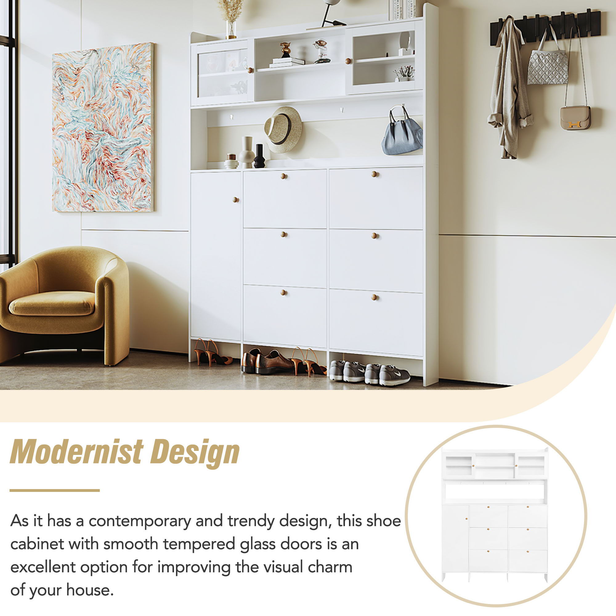 On Trend Multifunctional Tipping Bucket Shoe Cabinet With Storage Shelf & 6 Flip Drawers