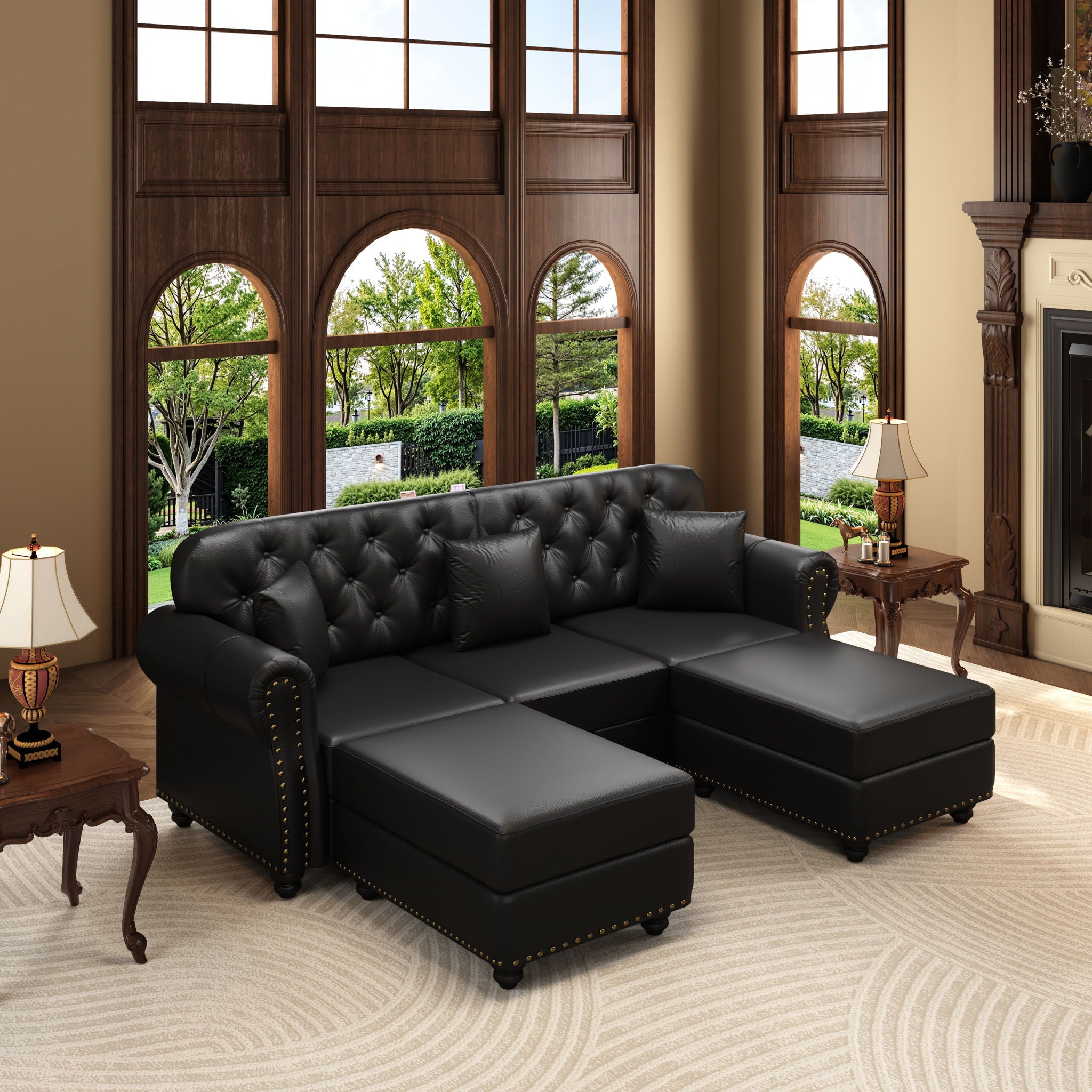 Upholstered Sofa With Nailhead Trim, Rolled Armrests With Ottoman