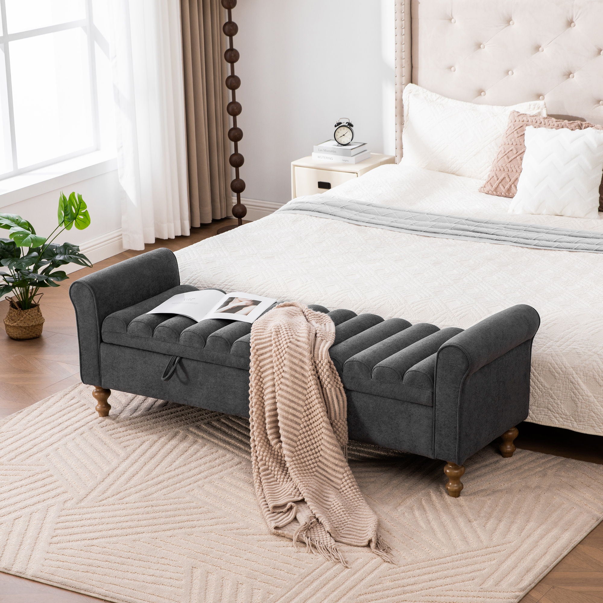 Wide Modern Upholstered Storage Bench With Rolled Armrest