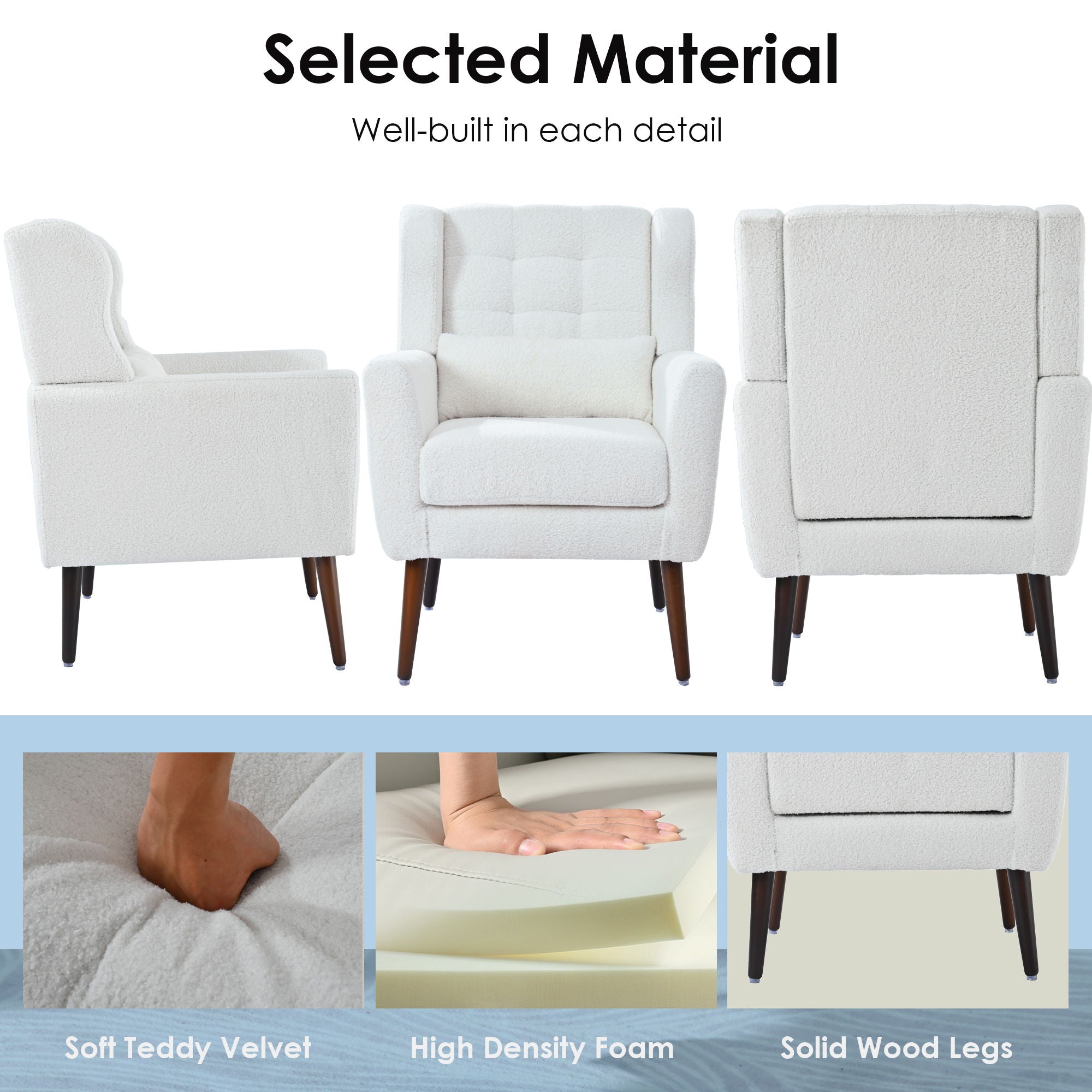Modern Accent Chair, Arm Chairs For Living Room, Upholstered Mordern Armchair, Comfy Soft Padded Lounge Chair In Small Space, Bedroom, With Pillow, Solid Wood Leg