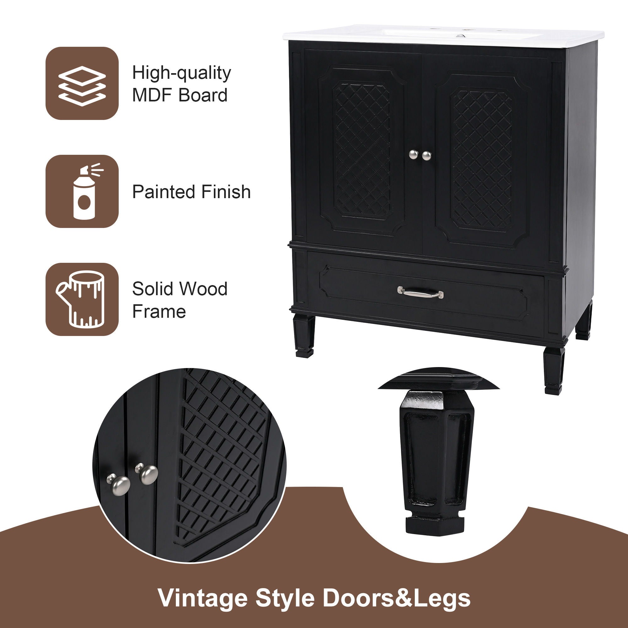 Vintage Style 30" Bathroom Vanity With Sink, Multi Functional Storage, Soft Closing Door - Black