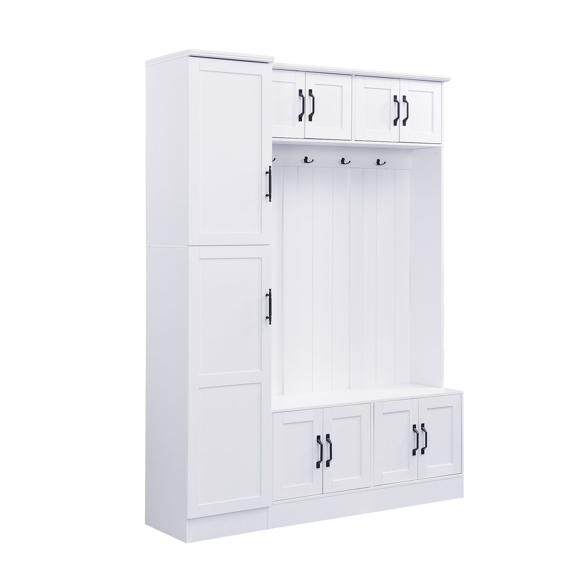 Tall Hall Tree With Shoe Storage, 4 In 1 Entryway Bench With 6 Cabinets, 4 Coat Hooks & Adjustable Shelf For Hallway - White