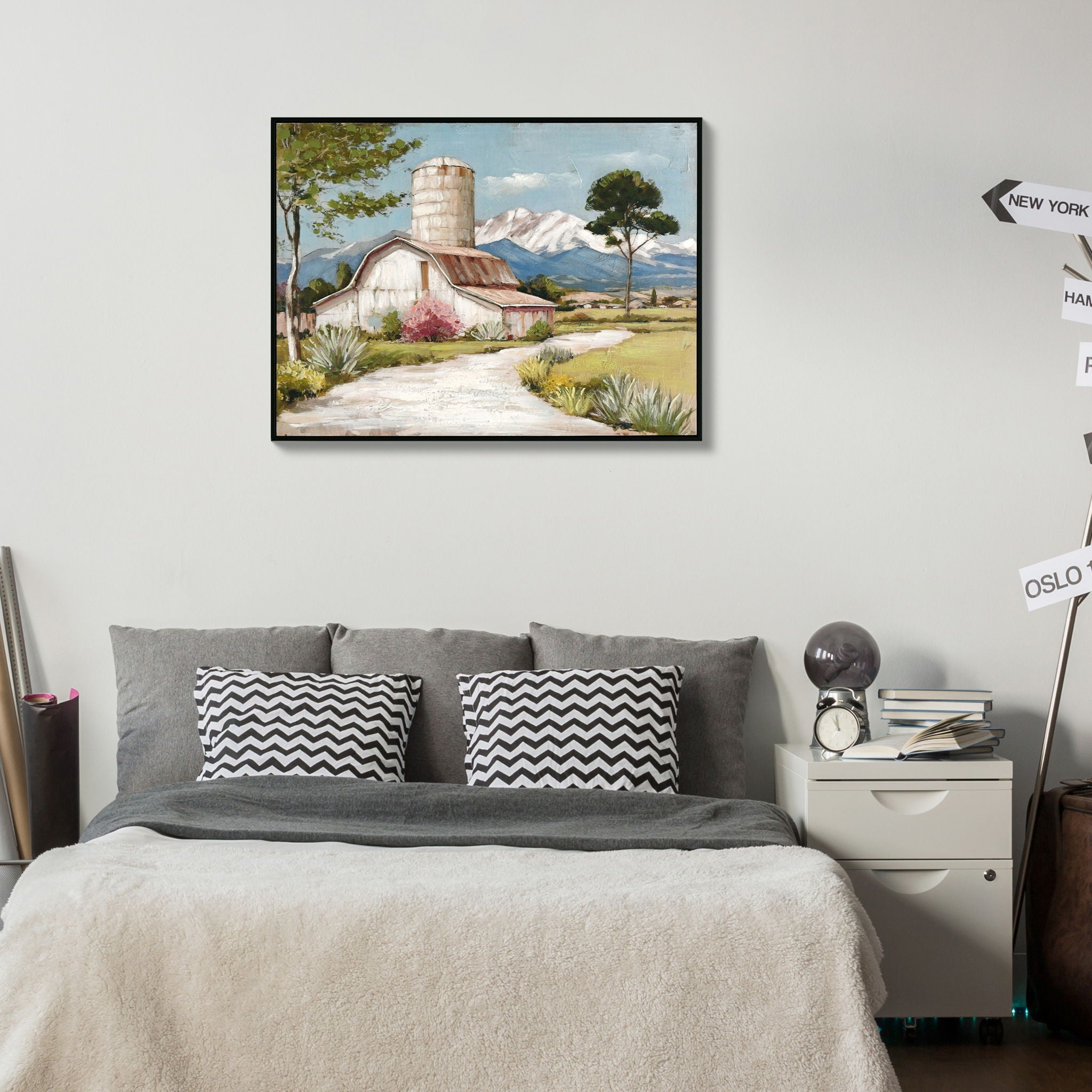 Framed Canvas Wall Art Beautiful Field Painting Wildflower Barn Print Nature Scenery Picture For Home - Blue / Pink