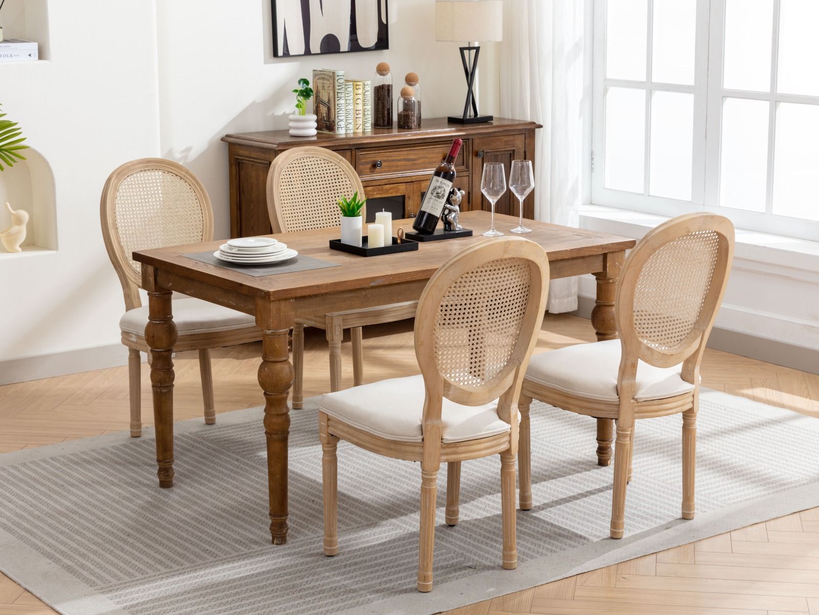 French Style Solid Wood Frame Antique Painting Fabric Rattan Back Dining Chair (Set of 2)