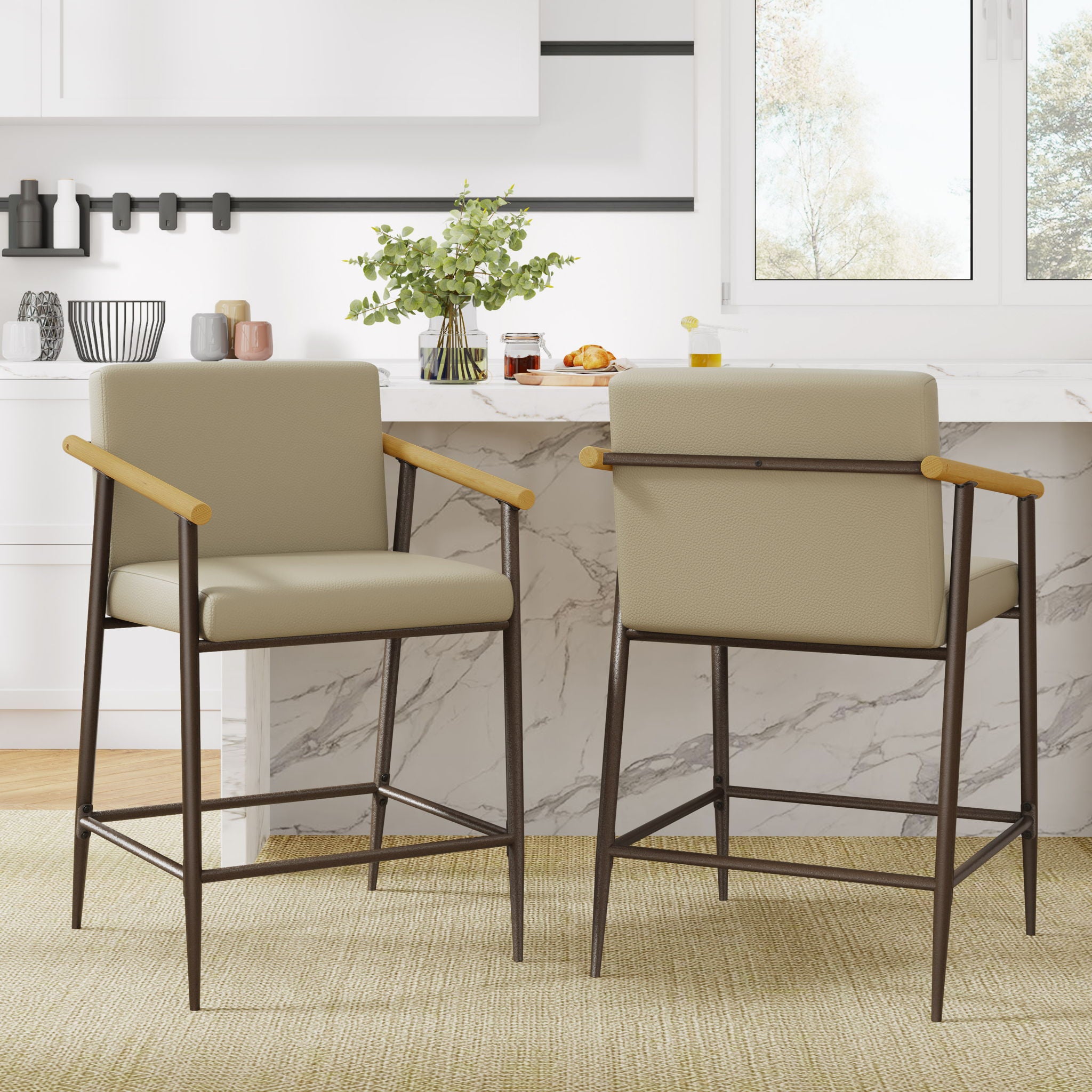 Mid Century Modern Counter Stool Set With Espresso Metal Frame - Khaki
