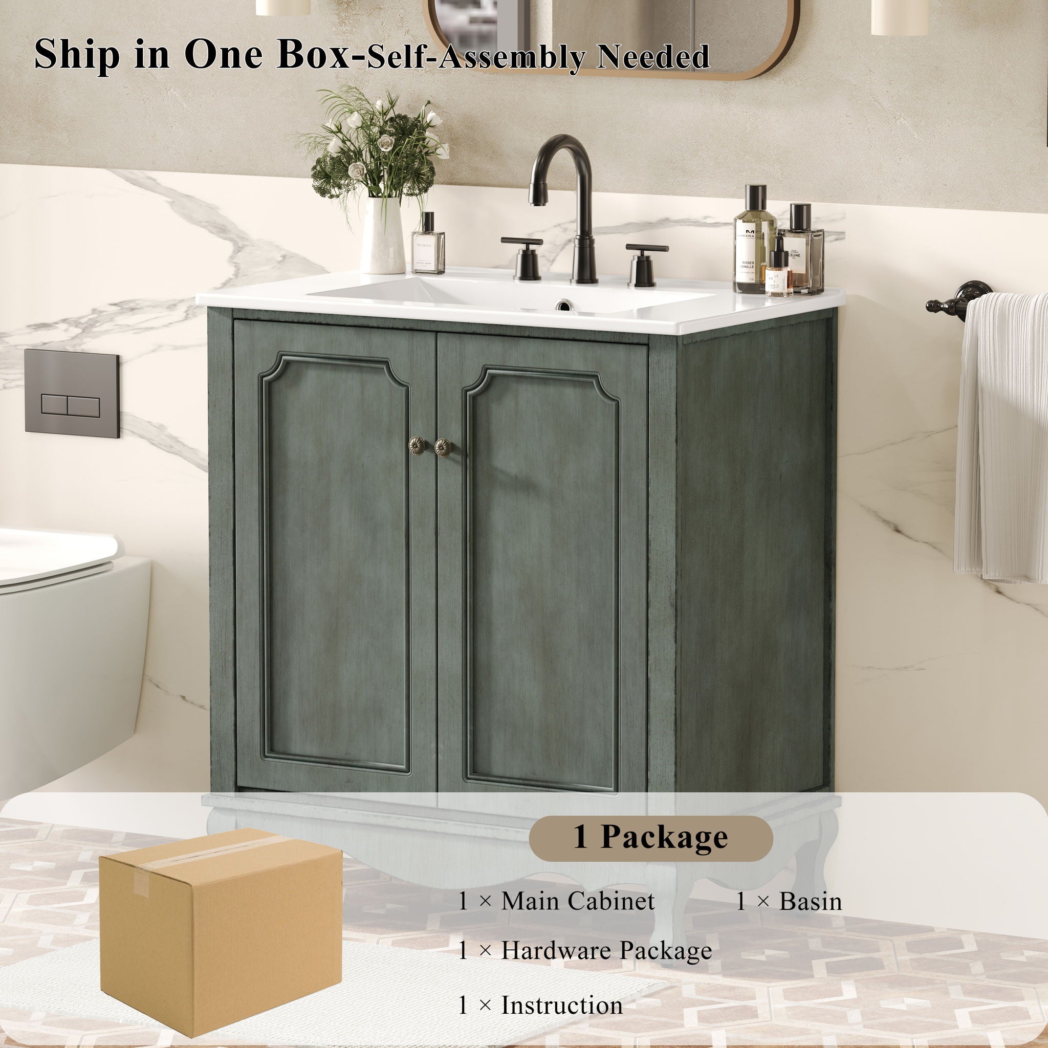 Vintage Bathroom Vanity With Ceramic Sink, Adjustable Shelves