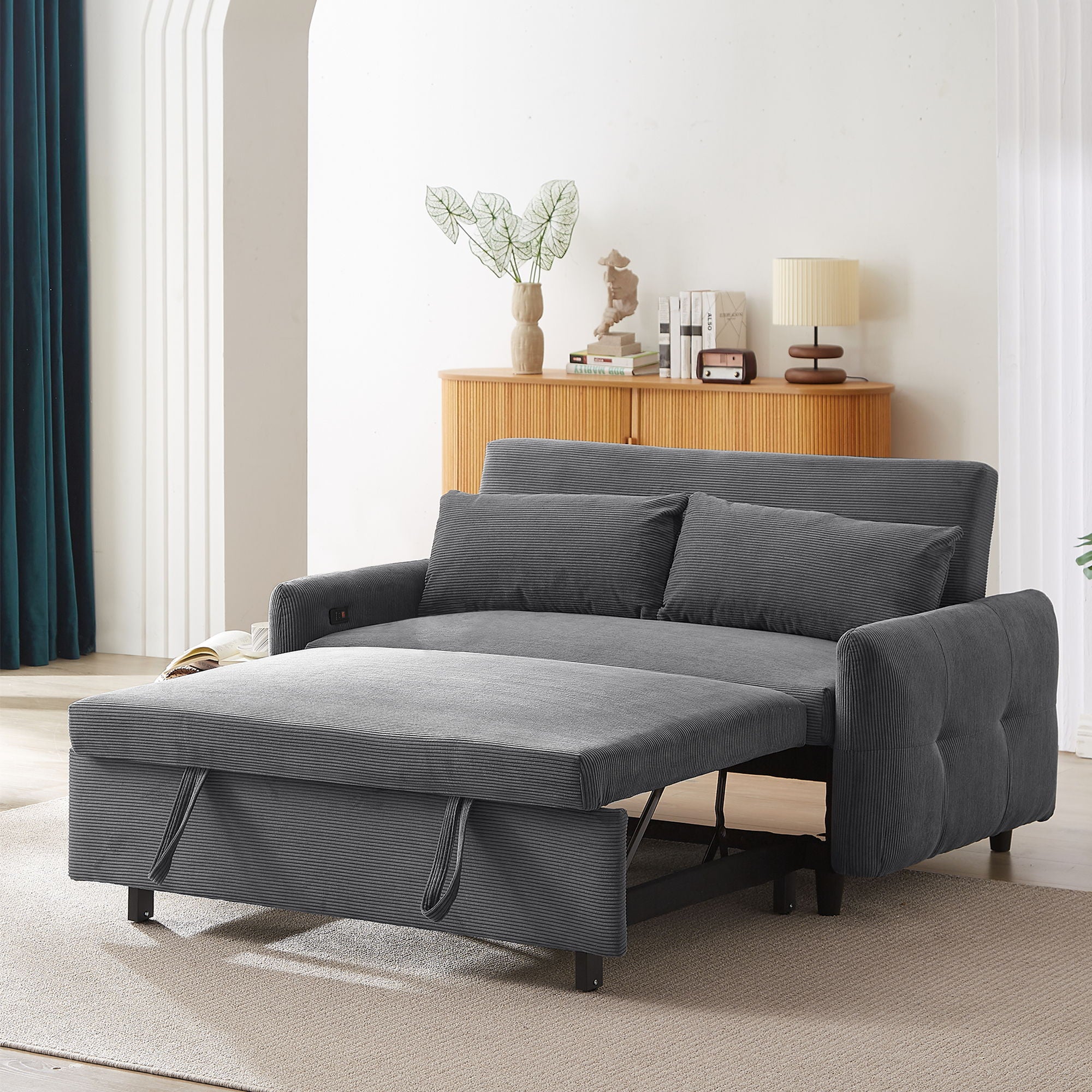 Pull-Out 2 Seat Modern Sleeper Sofa With 2 Throw Pillows And USB Ports