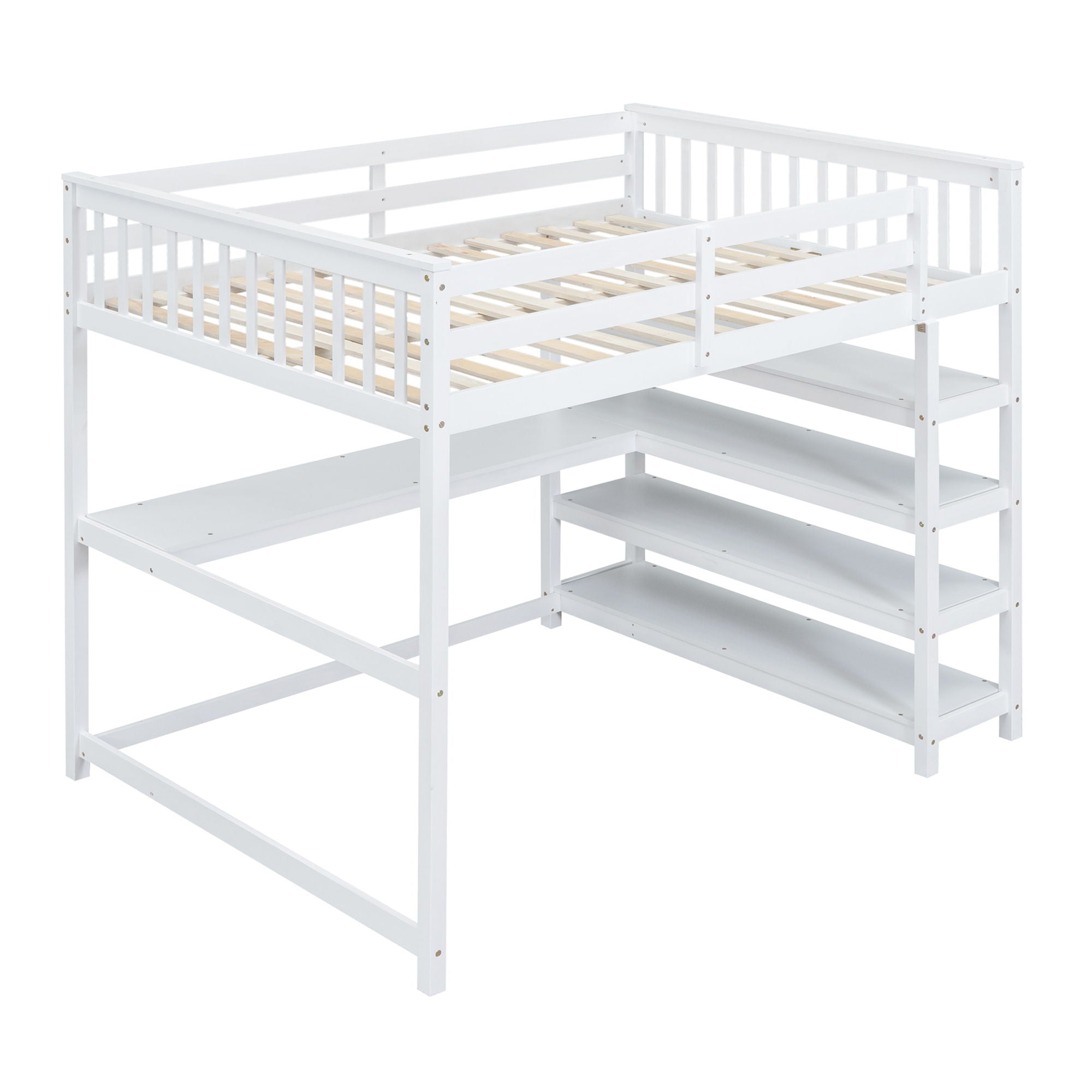 Loft Bed With Storage Shelves And Under Bed Desk