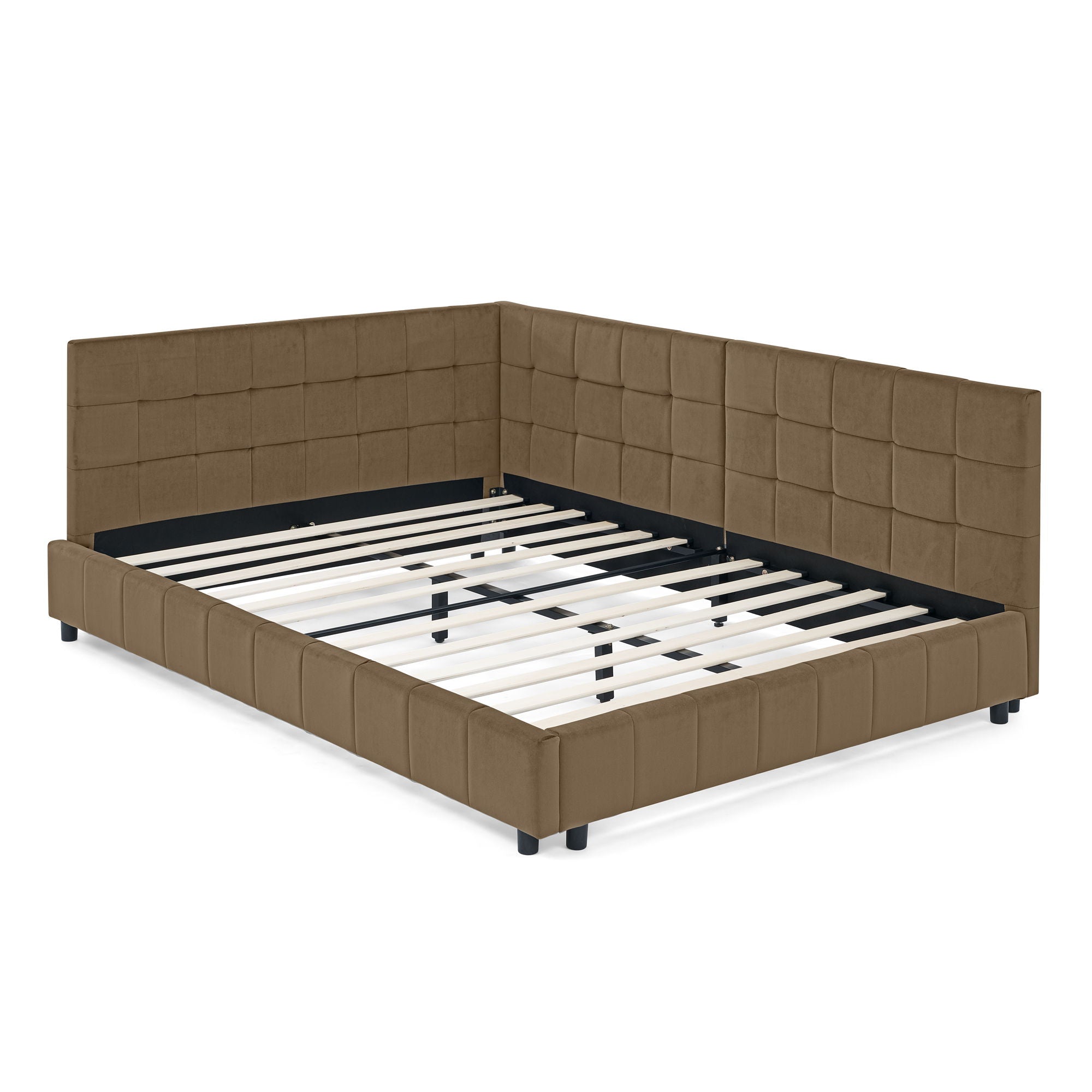 Upholstered Bed Frame With Tufted Backrest And Armrests