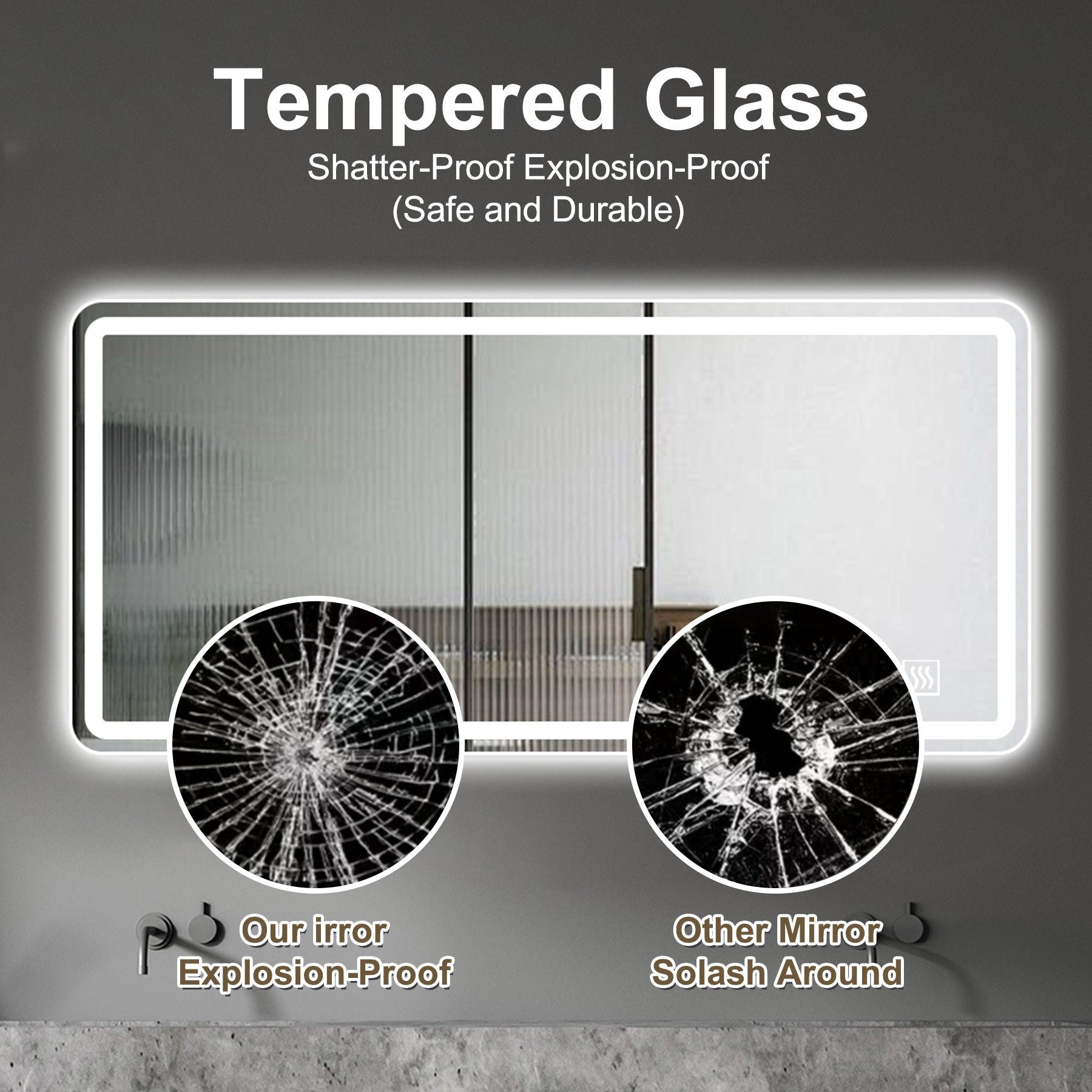 LED Bathroom Mirror, Anti Explosion Glass, Rust Resistant, Anti Fog, Tri Color