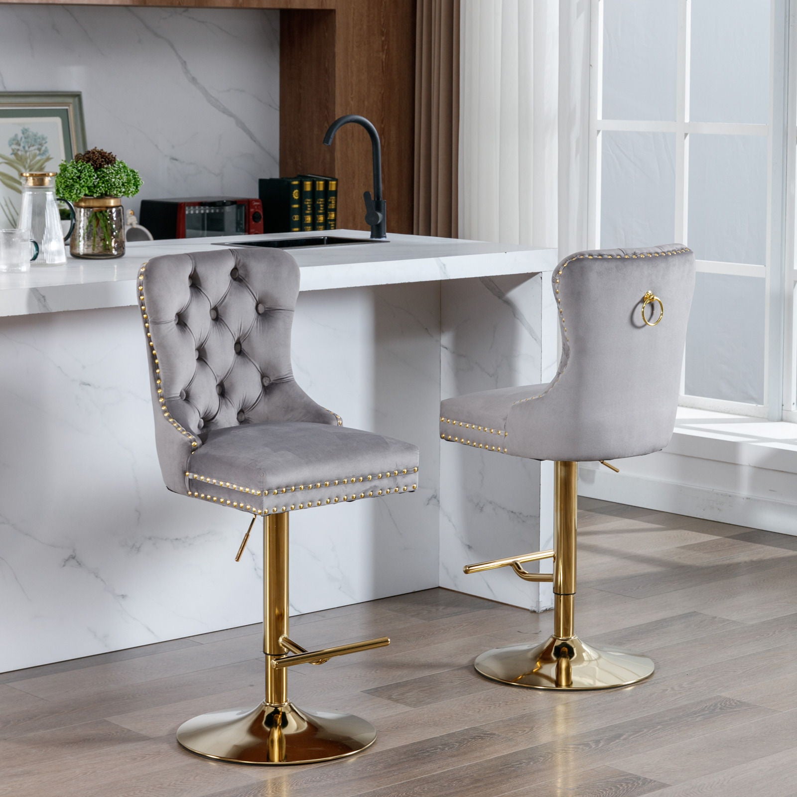 Thick Swivel Barstools Adjusatble Seat Height From 25-33", Modern Upholstered Bar Stools With Backs Comfortable Tufted For Home Pub And Kitchen Island (Set of 2)