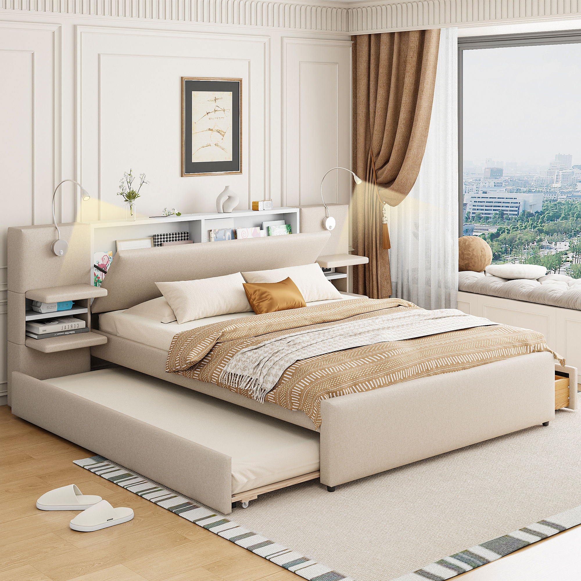 Upholstered Platform Bed With Reading Lights, Drawers, Trundle And Shelves