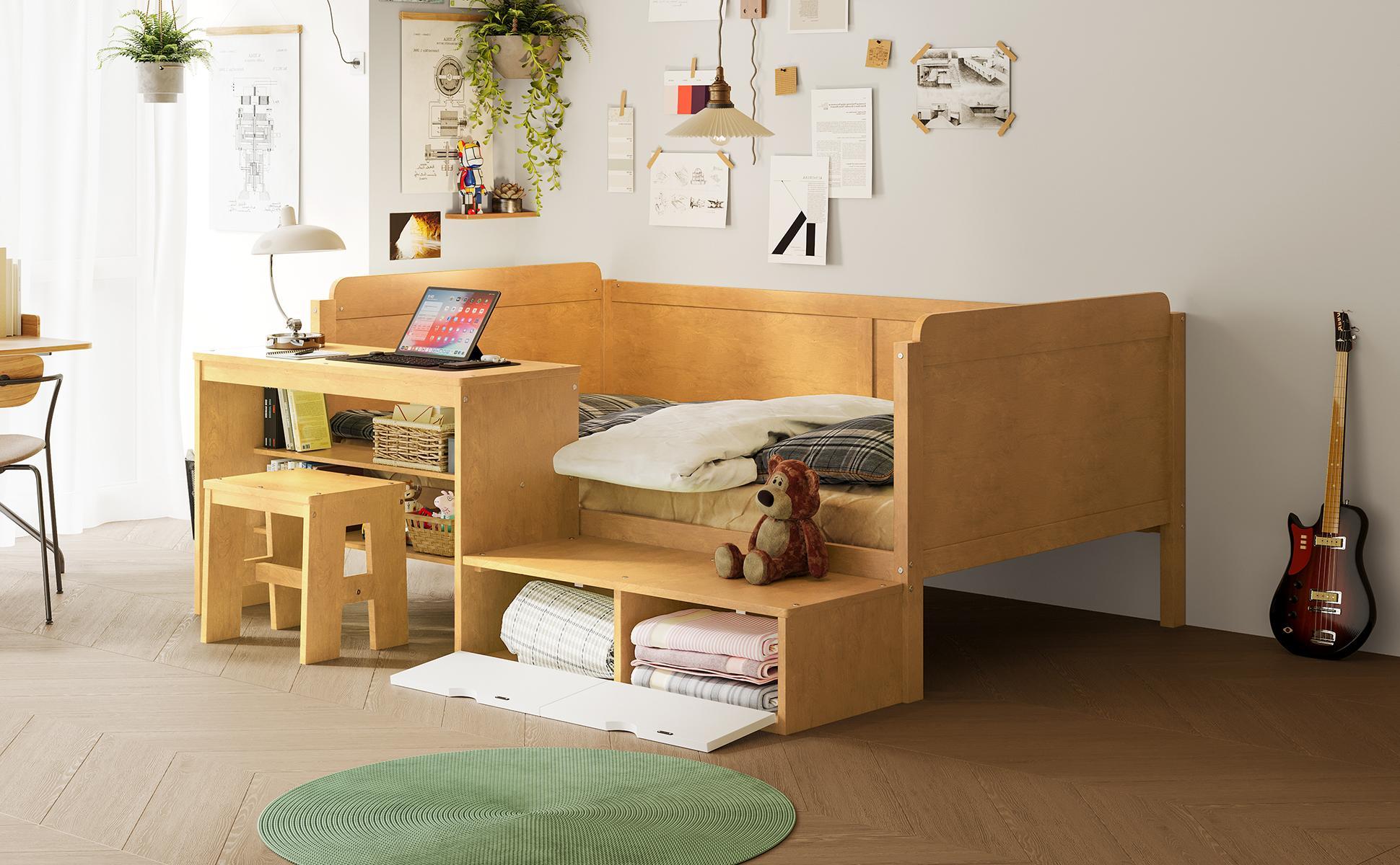 Daybed With Storage Shelves And Lockers, Multi Functional Bed With Study Desk And Matching Stool