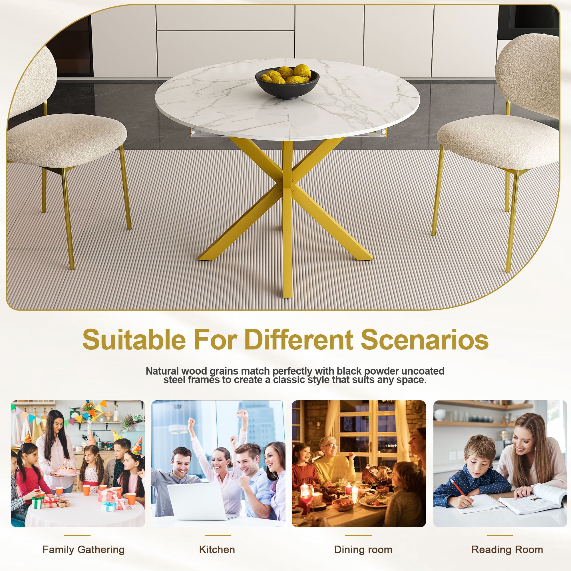 Round Dining Table With Extendable Blades, X Base