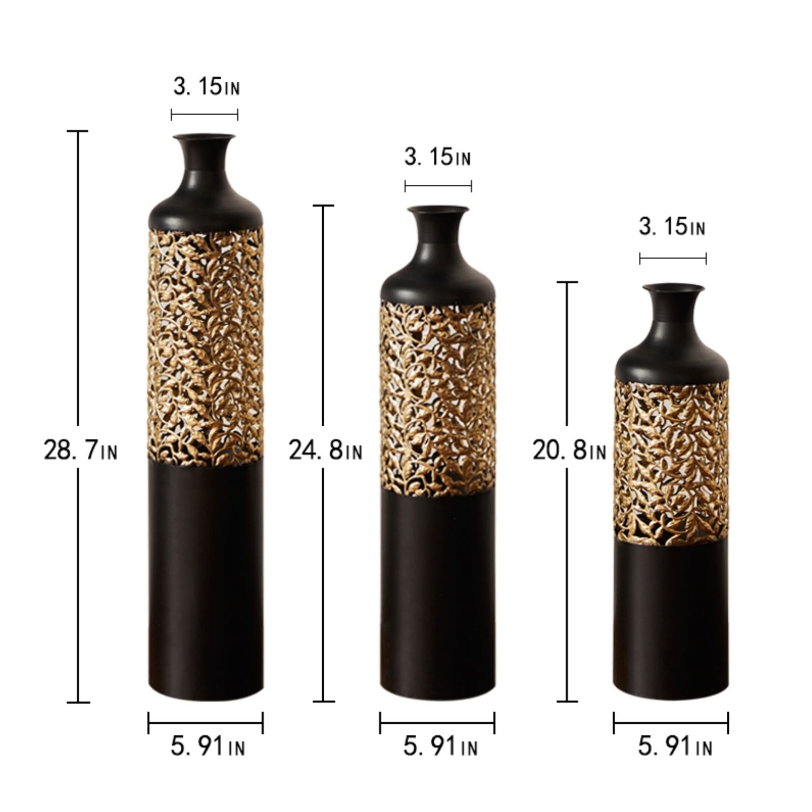 Floor Metal Vases Decorated Metal Vases (Set of 3) Gorgeous Home Decoration Large Glazed Metal Vases - Black / Gold