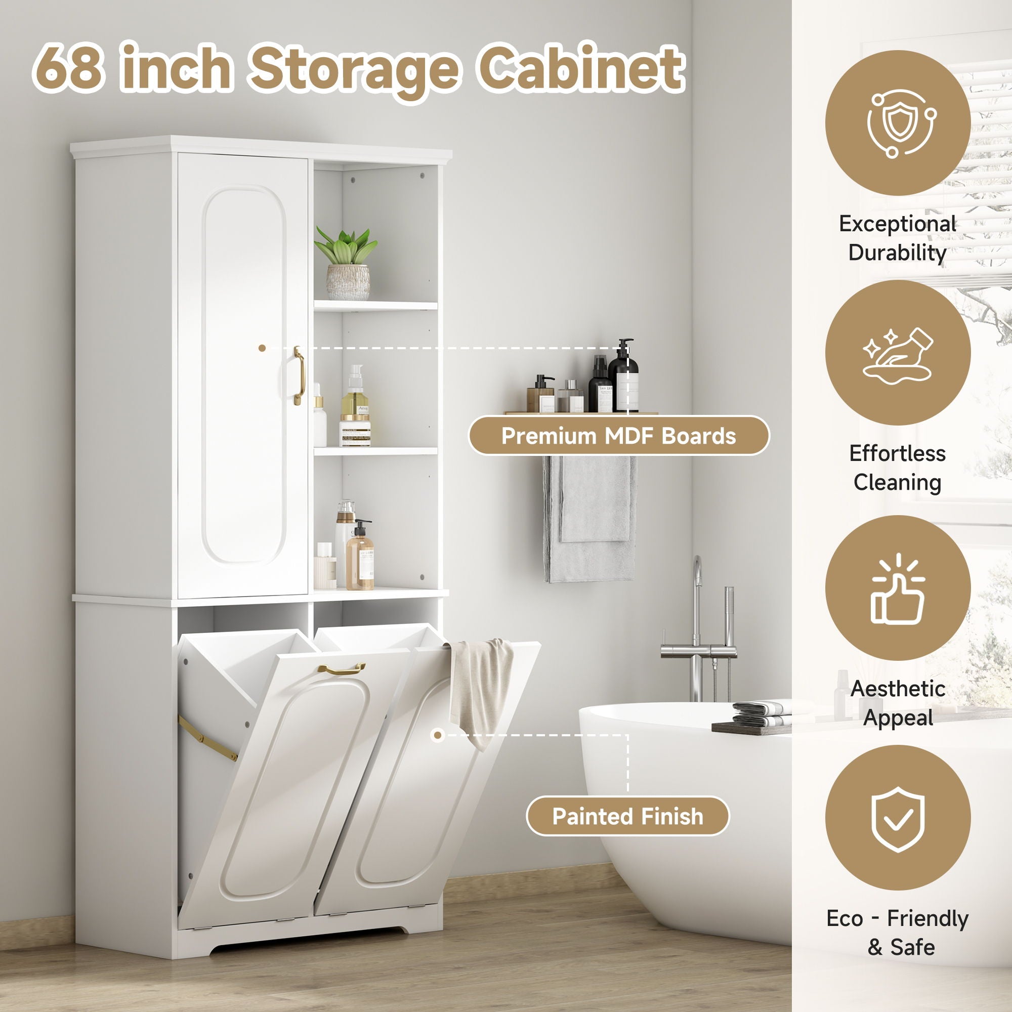 Freestanding Tall Storage Cabinet With 2 Tilt Out Hampers, Adjustable Shelves, Soft Close Door, Door Mounted Organizer - White
