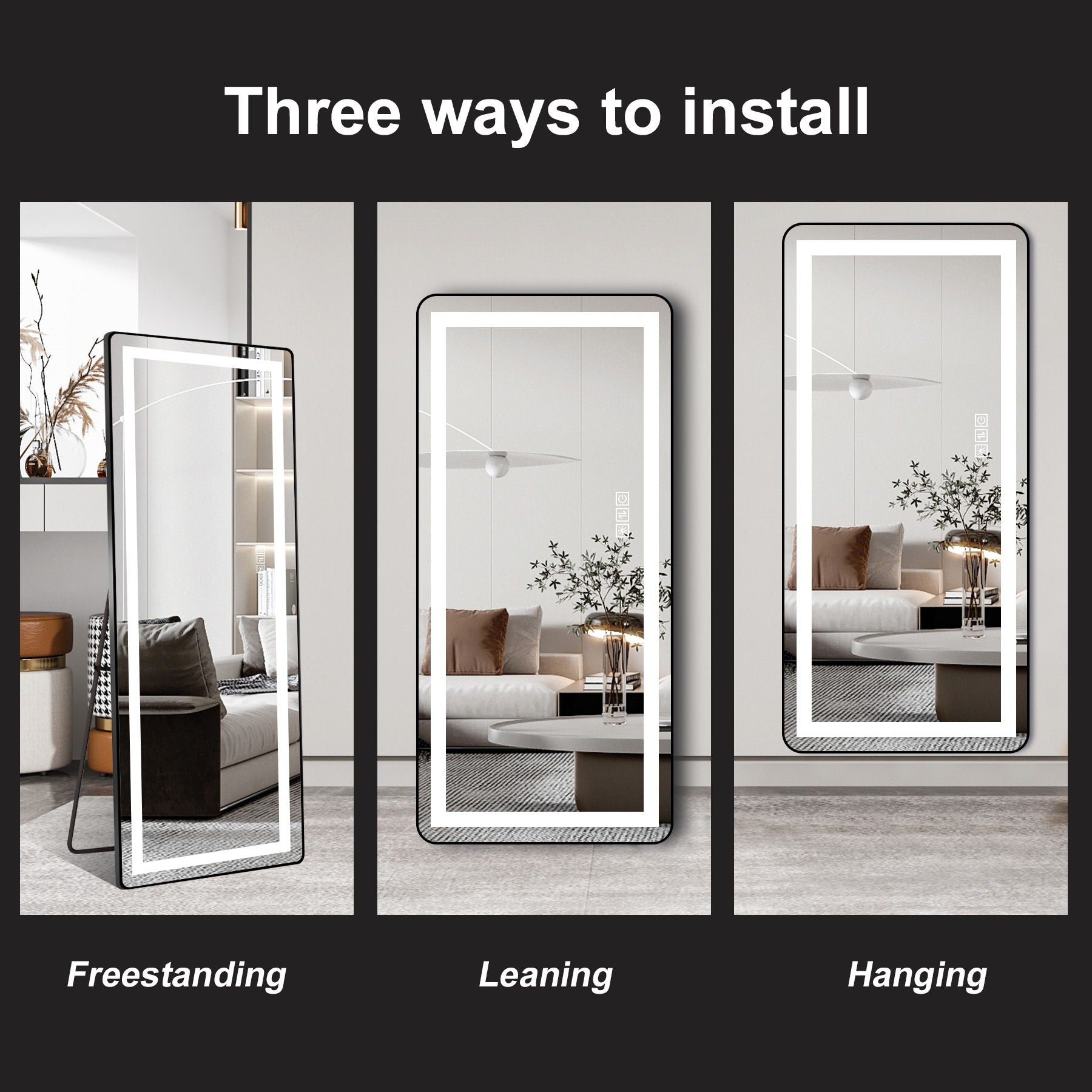 Full-Length Vertical Mirror With LED Light, Dimming Wall Mirror With Frame