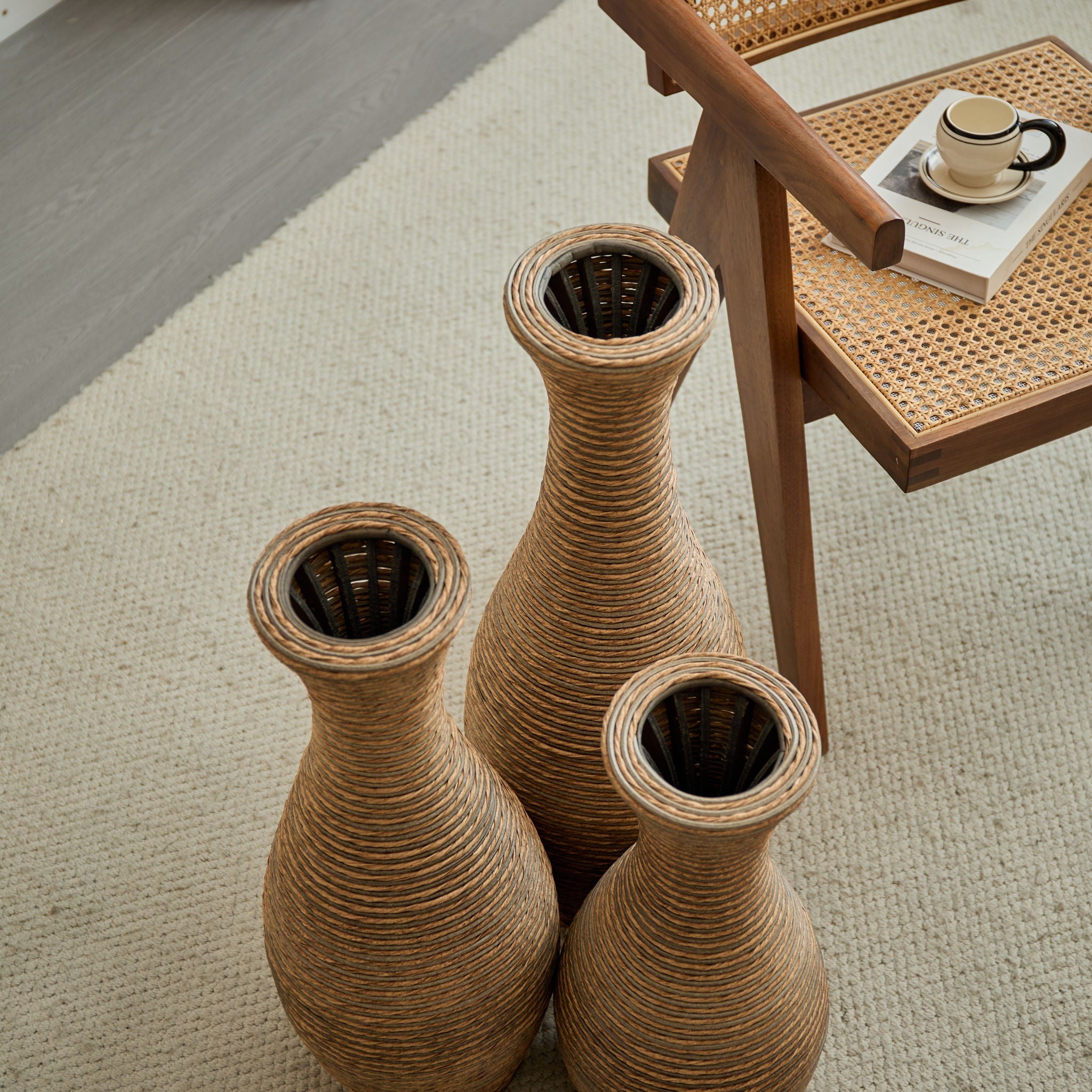 3 Piece Artificial Rattan Floor Vase Set Decorative Accent For Living Room, Hallway & Entryway, Ideal For Dried Or Silk Flower Arrangements - Beige