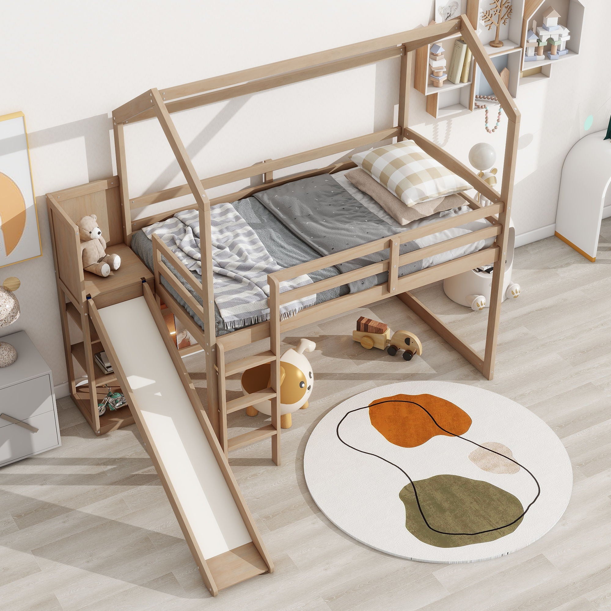 House Loft Bed With Slide, Storage Shelves And Light, Climbing Ramp