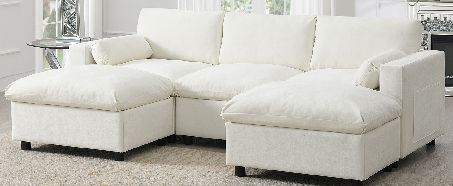 Modular Sectional With Storage Pockets, 5 Seat U Shaped Couch Set With Pillows, Free Combination Modern Cloud Sofa With 2 Movable Ottoman