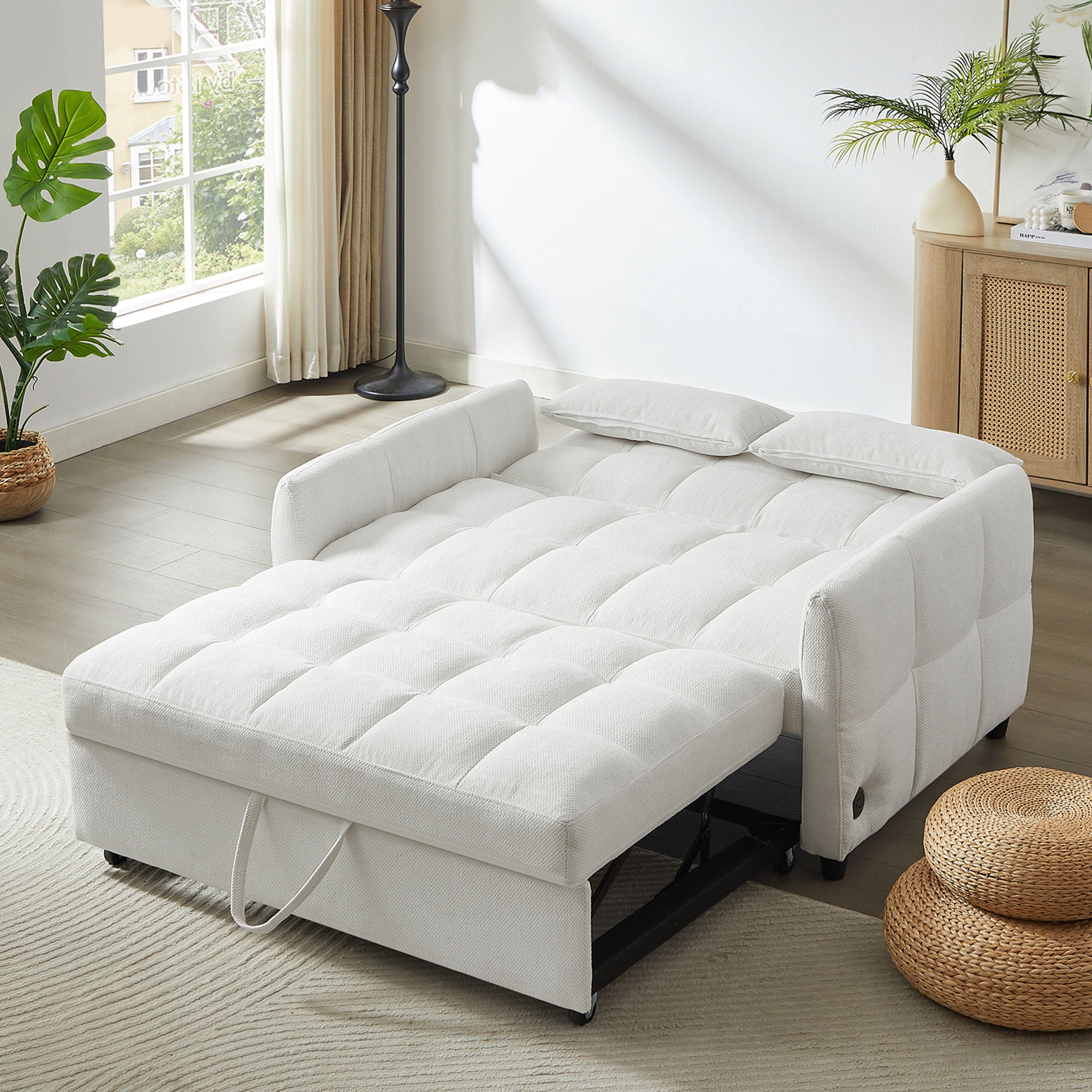 Loveseat Sofa Pull-Out Bed With Adjustable Backrest, 3 USB Ports And 2 Lumbar Pillows For Living Room