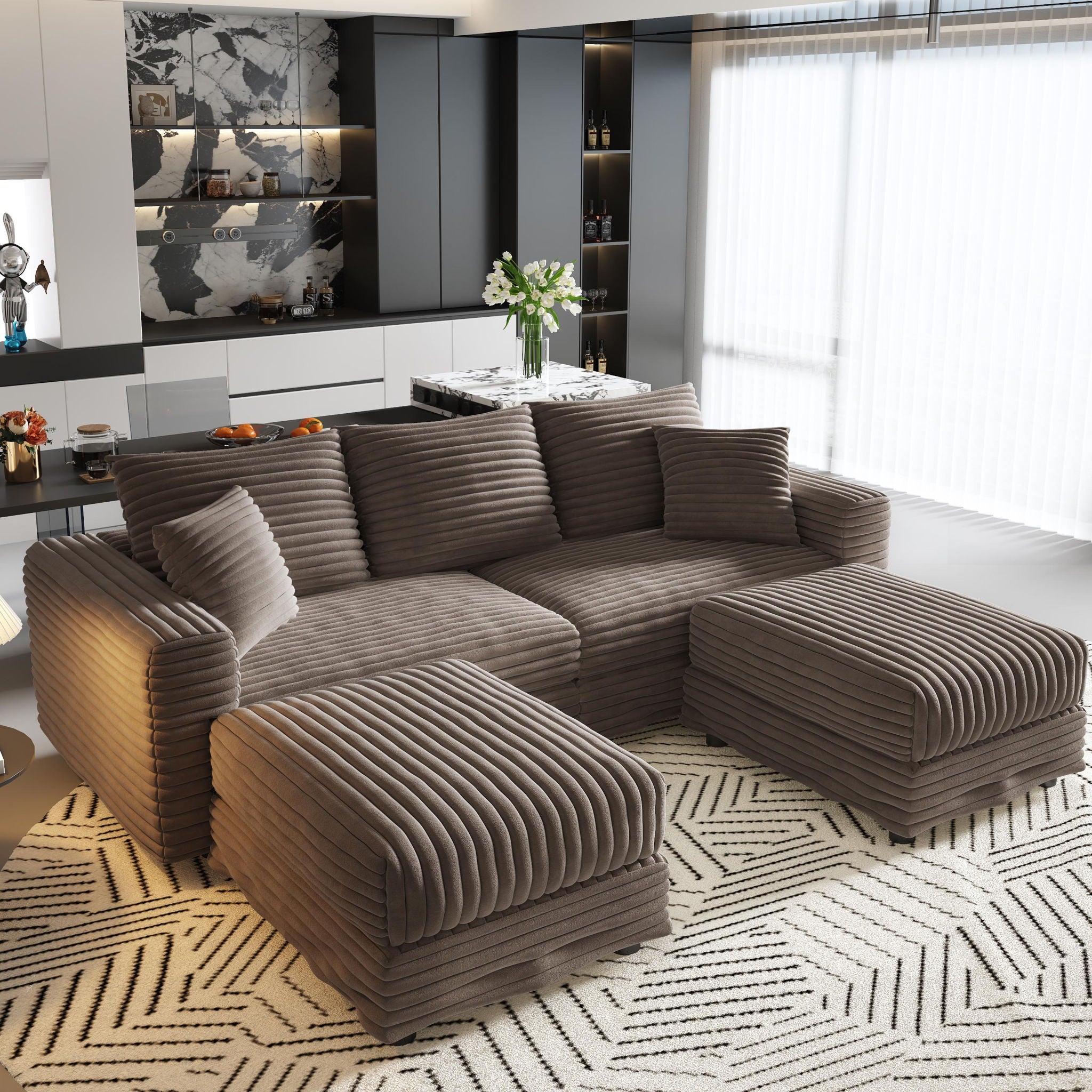 Deep Seat Convertible Sofa With Soft Pillows And Ottomans