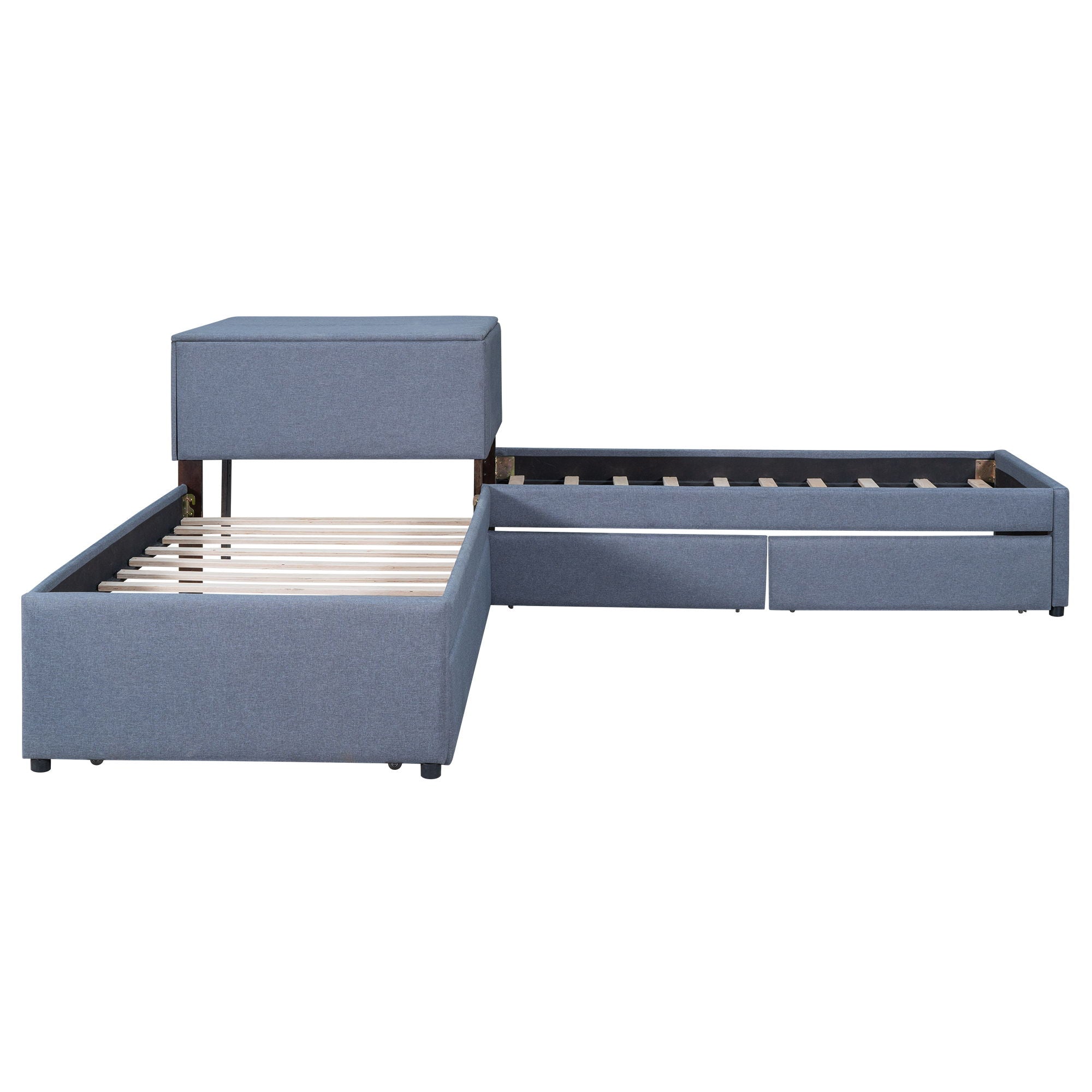 L Shaped Upholstered Platform Bed With Trundle And 2 Drawers Linked With Built In Desk