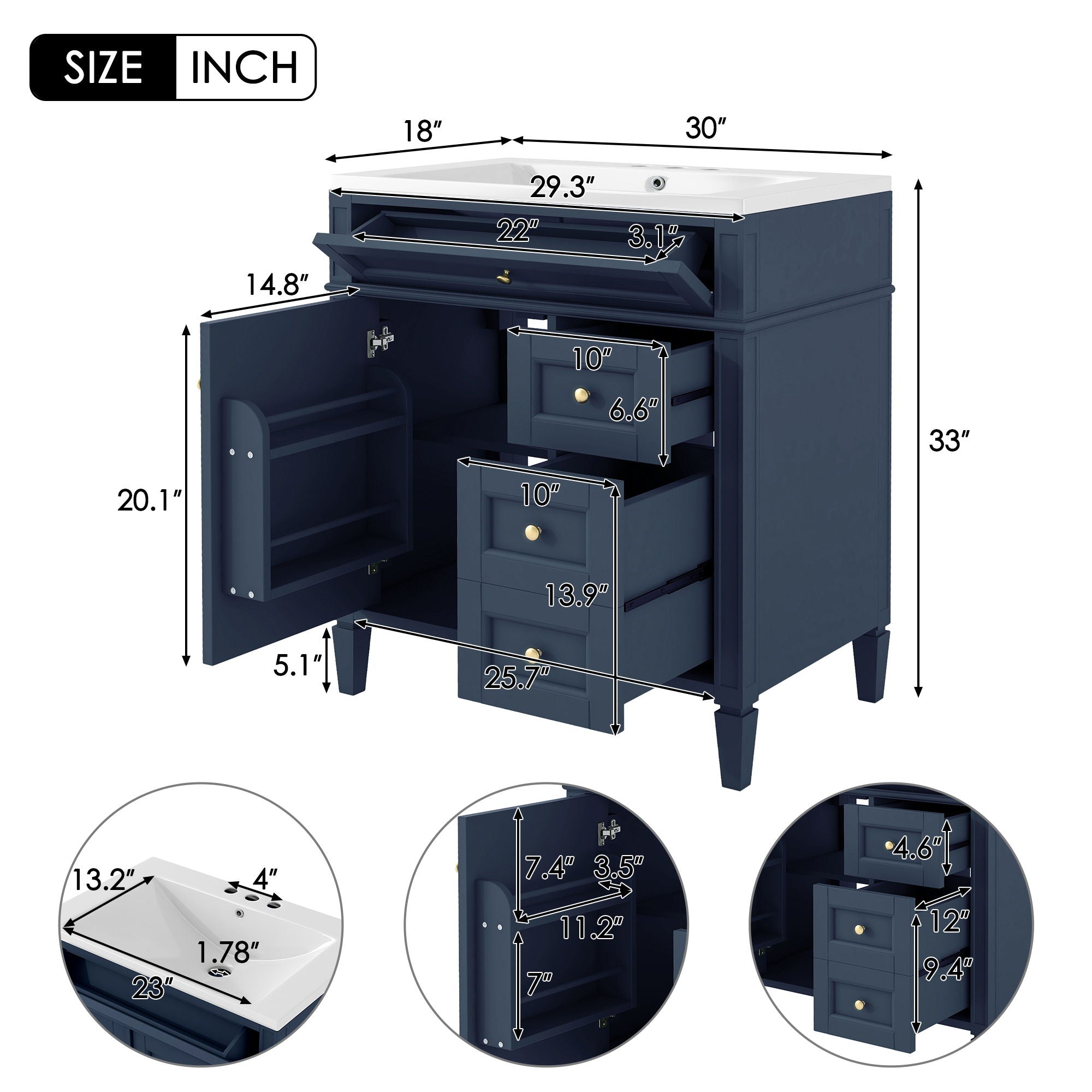 Bathroom Vanity With Top Sink, 2 Drawers And Tip Out Drawer, Rectangular Design
