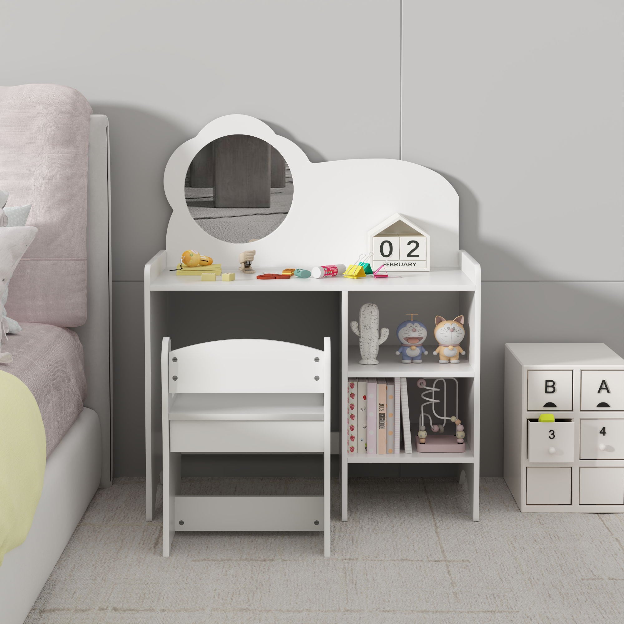 Kids Vanity Table With Mirror And Chair, Dressing Makeup Desk With Storage Shelves - White